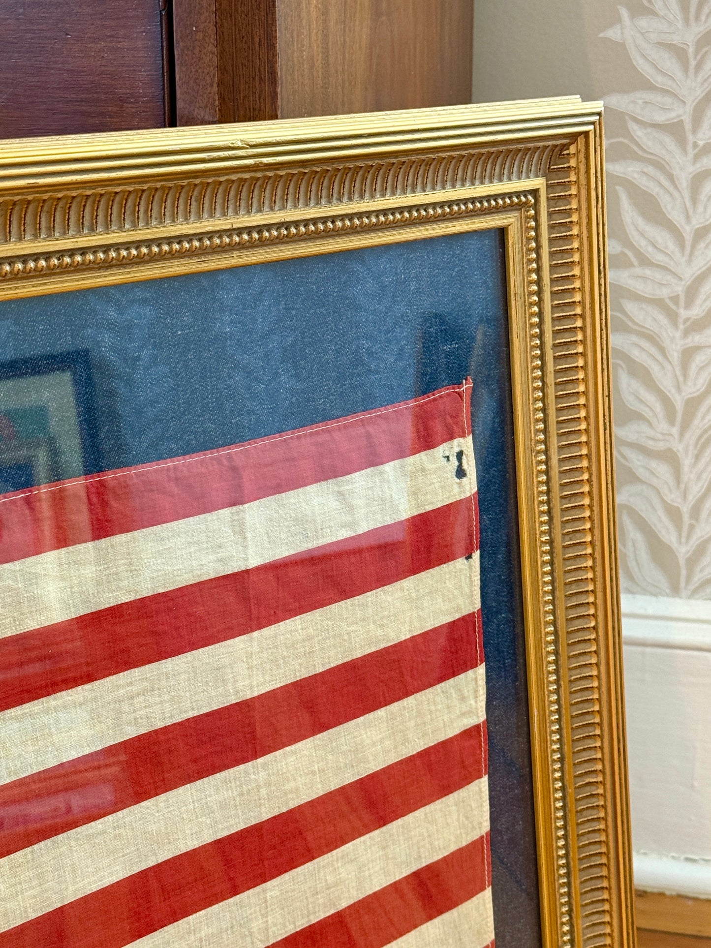 Large 48 Star American Flag on Dark Chambray in Gold Frame