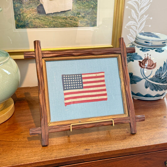 48 Star American Flag on Light Blue Twill in 19th Century Adirondack Twig Frame