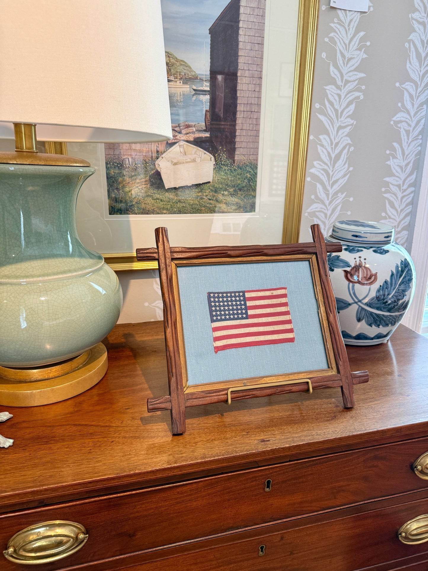 48 Star American Flag on Light Blue Twill in 19th Century Adirondack Twig Frame