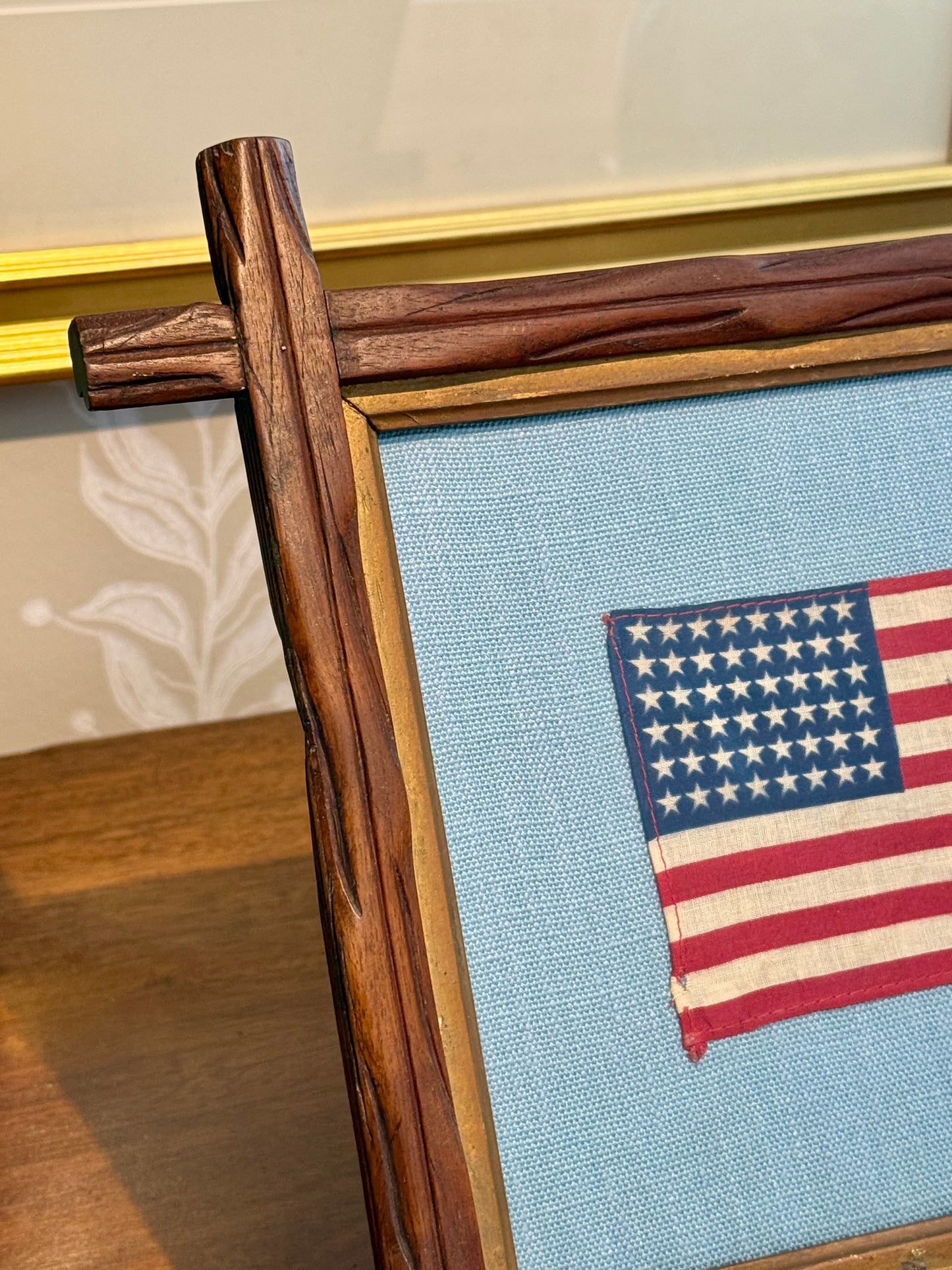 48 Star American Flag on Light Blue Twill in 19th Century Adirondack Twig Frame