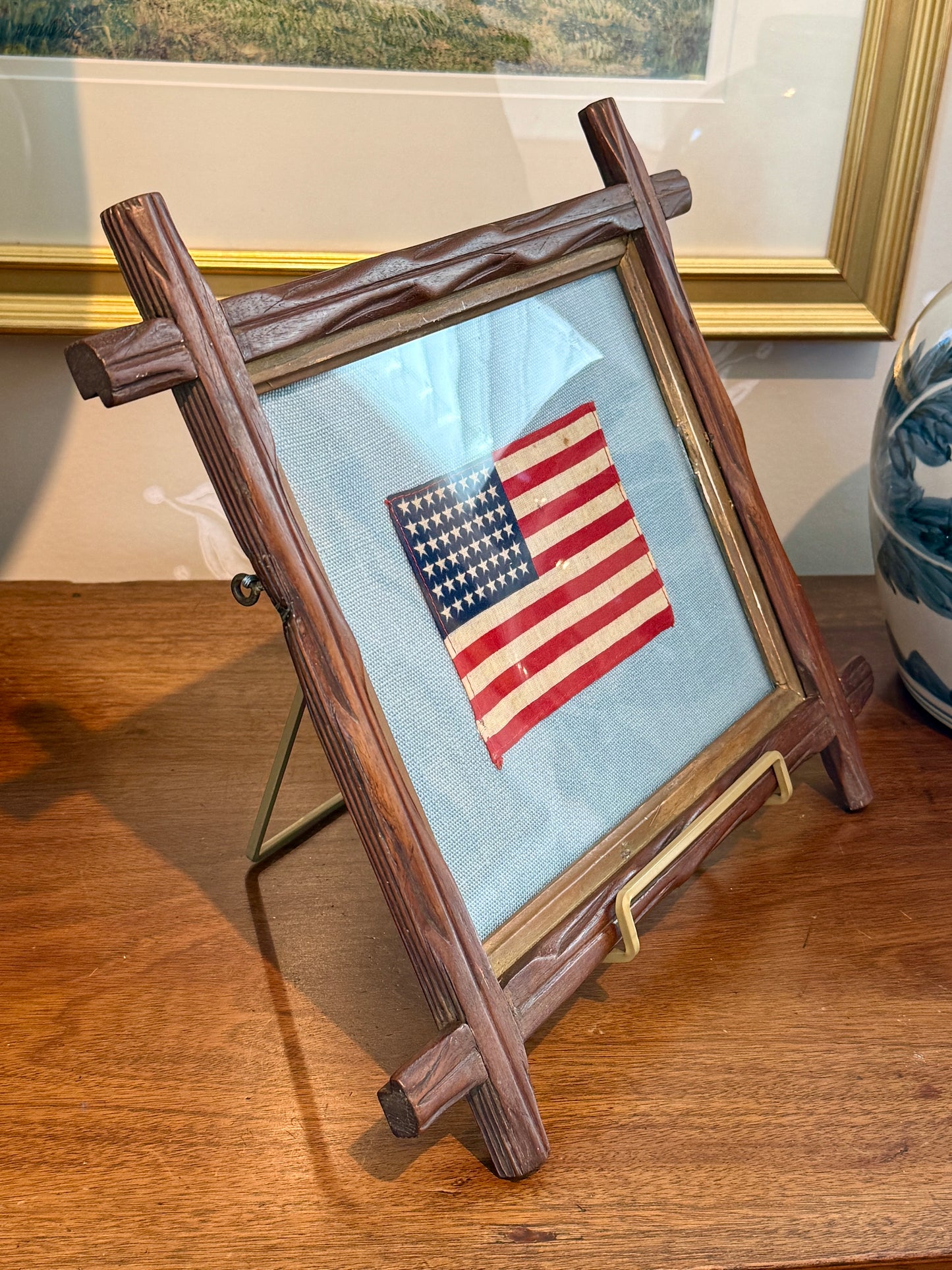 48 Star American Flag on Light Blue Twill in 19th Century Adirondack Twig Frame