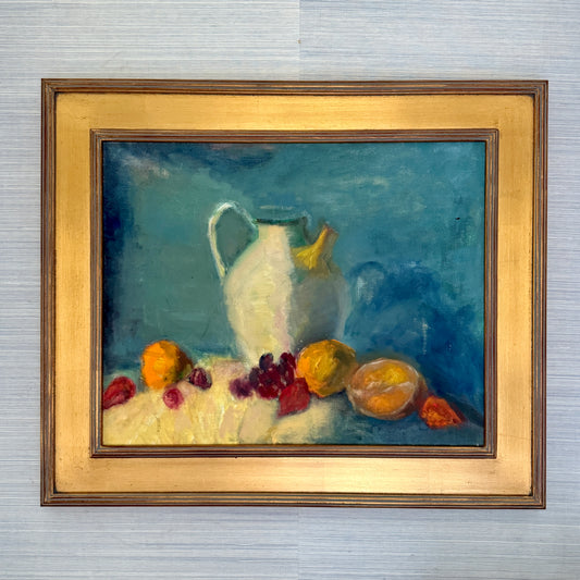 Vintage American Still Life White Pitcher and Fruit Oil Painting in Gold Frame
