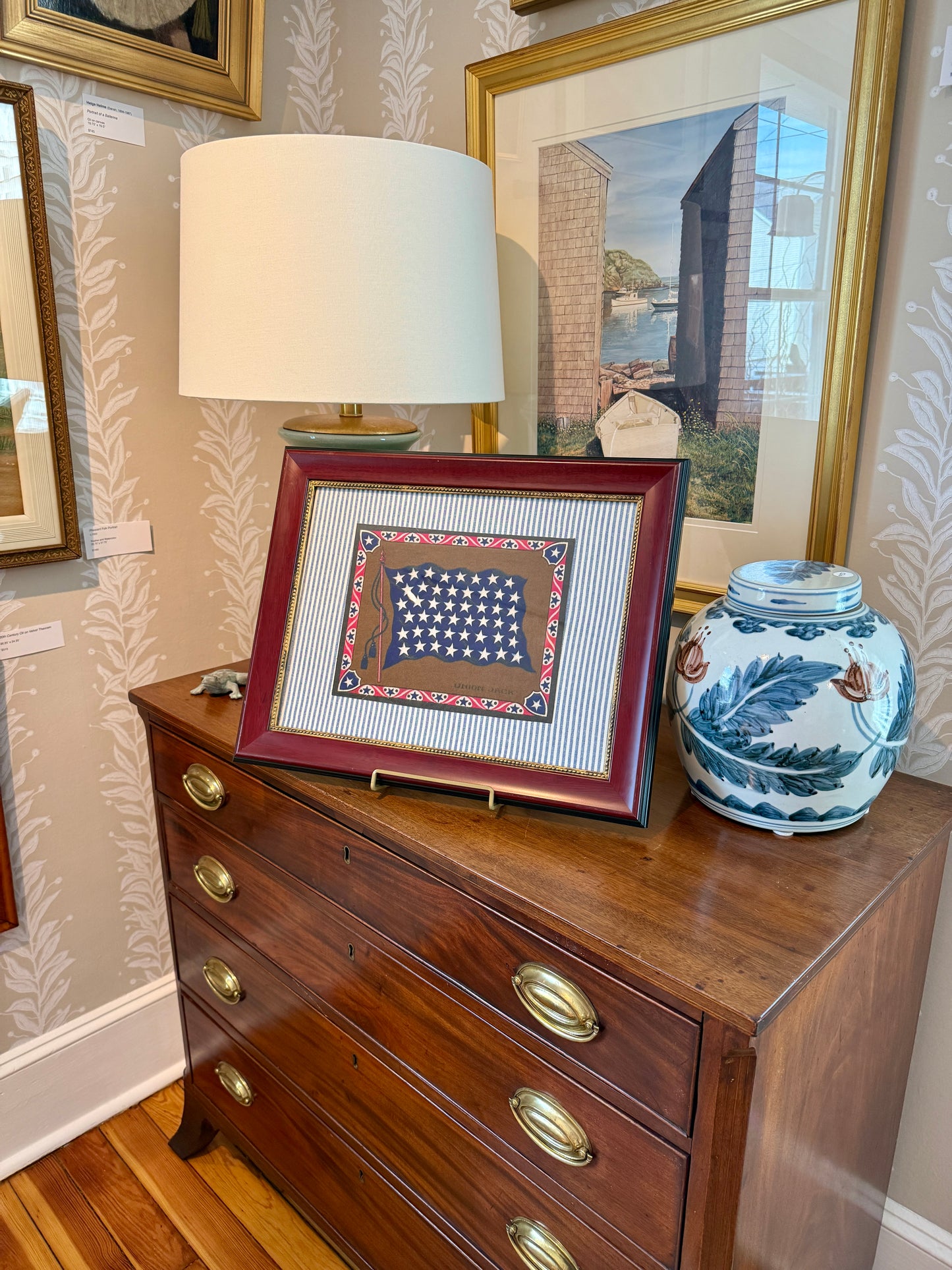 Antique Union Jack Felt on Blue and White Ticking Stripe in Cherry Wood and Gilded Frame