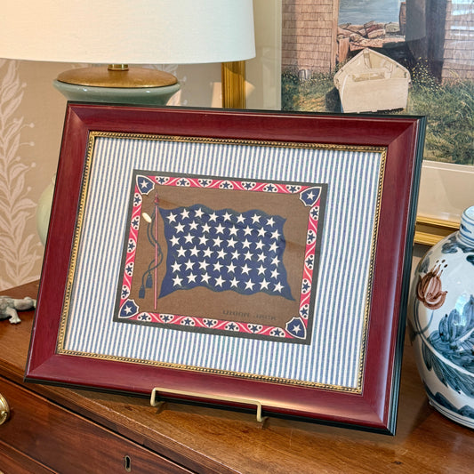 Antique Union Jack Felt on Blue and White Ticking Stripe in Cherry Wood and Gilded Frame