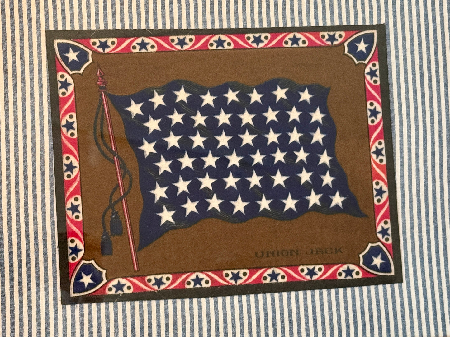 Antique Union Jack Felt on Blue and White Ticking Stripe in Cherry Wood and Gilded Frame