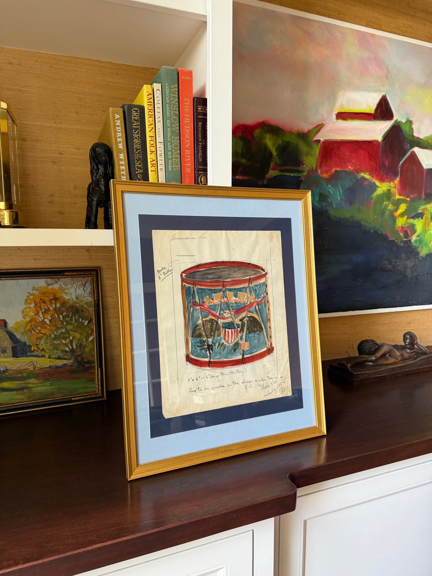 George Wells American Eagle United States Civil War Drum Watercolor Rug Study in Gold Frame