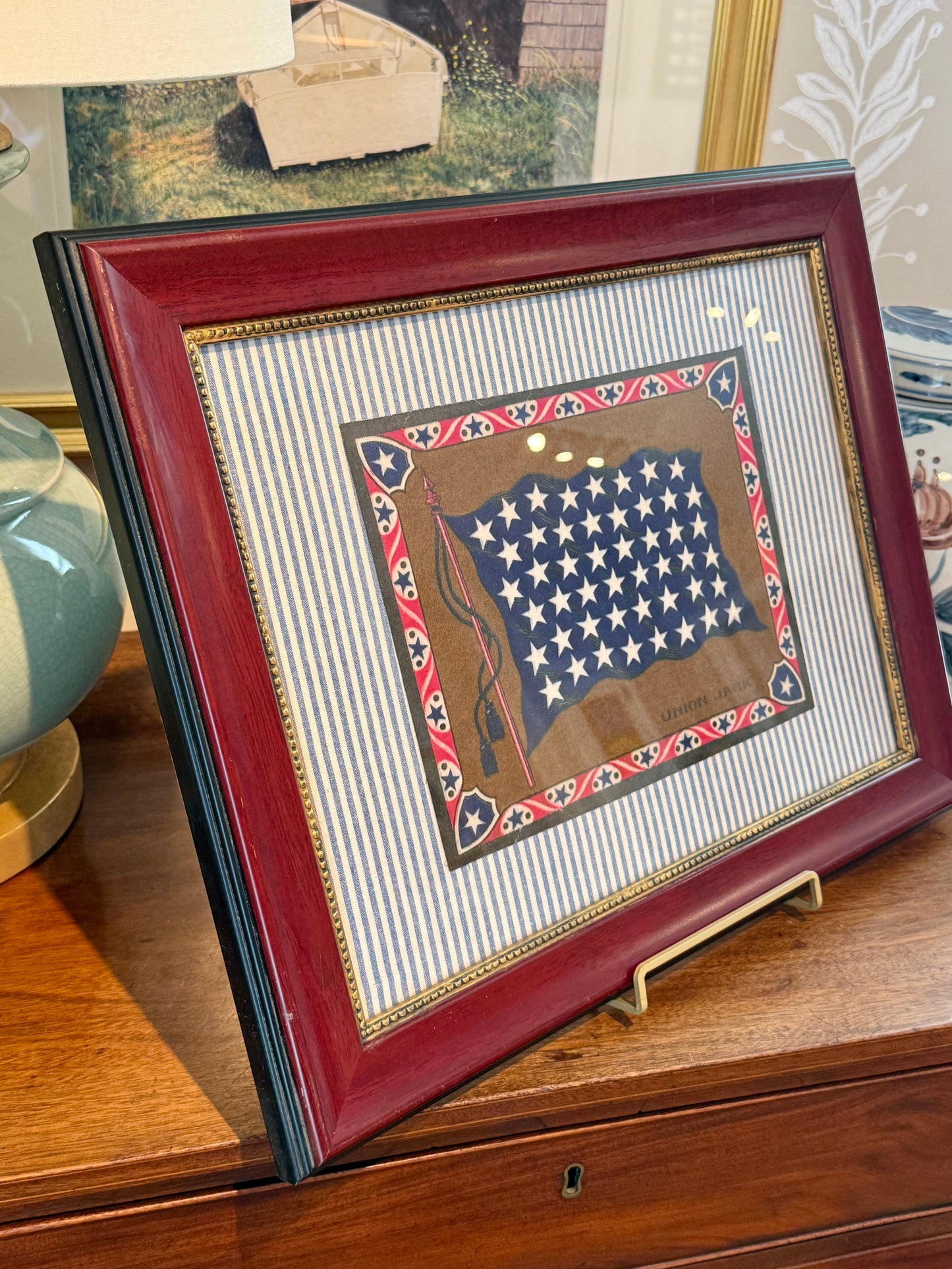 Antique Union Jack Felt on Blue and White Ticking Stripe in Cherry Wood and Gilded Frame