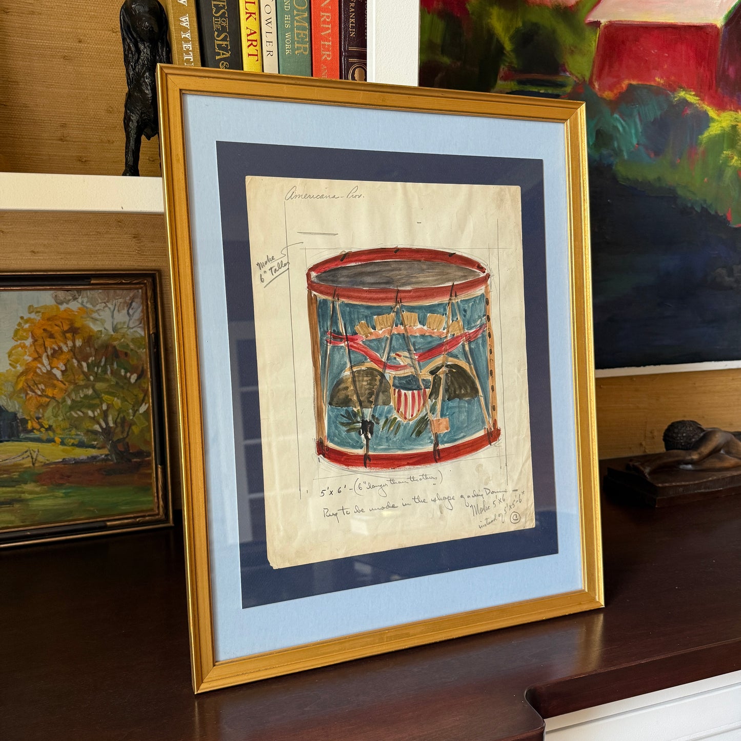 George Wells American Eagle United States Civil War Drum Watercolor Rug Study in Gold Frame