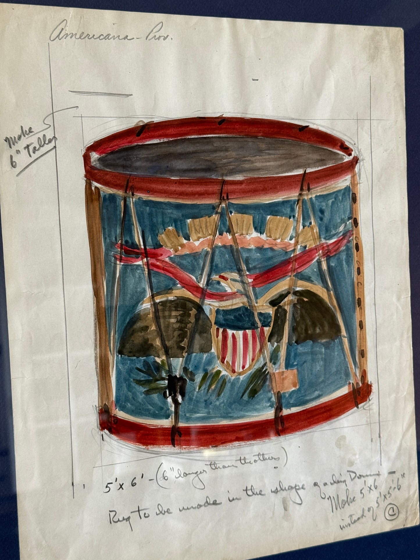 George Wells American Eagle United States Civil War Drum Watercolor Rug Study in Gold Frame