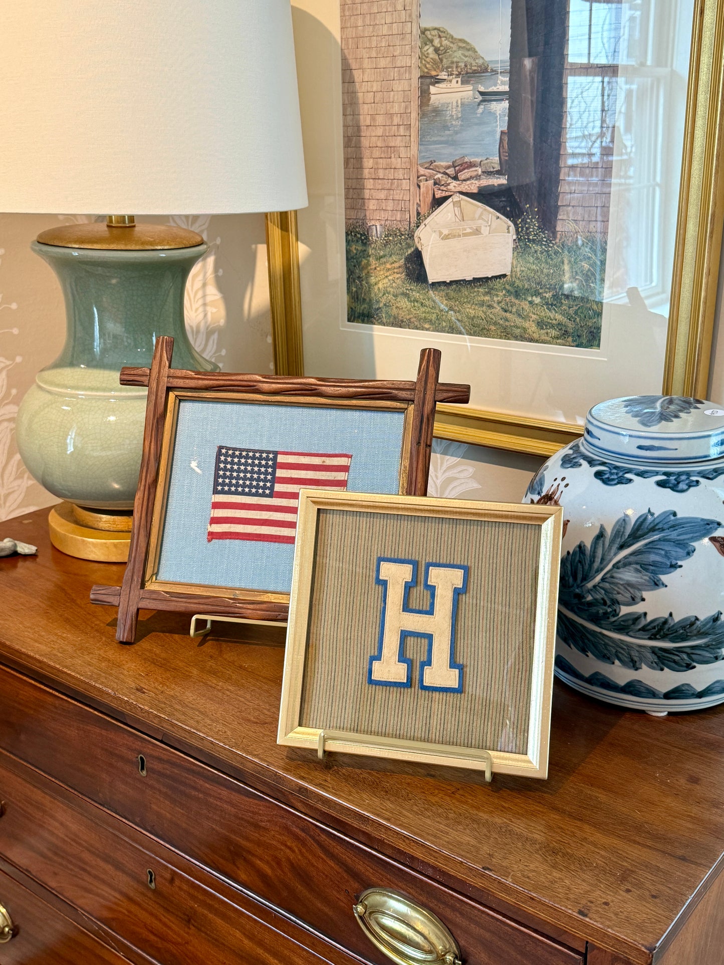 Vintage Varsity Letter Initial H on Brown Stripes in Gold Frame