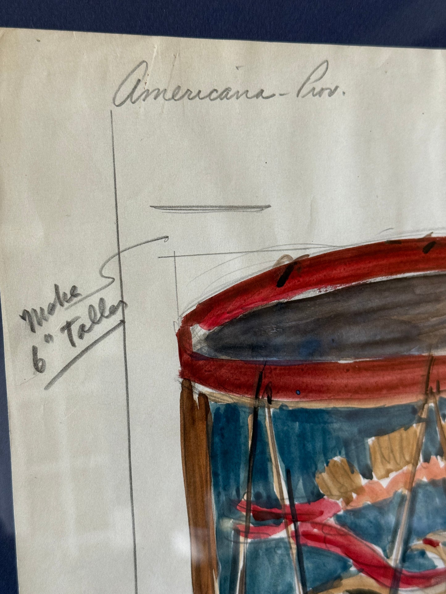 George Wells American Eagle United States Civil War Drum Watercolor Rug Study in Gold Frame