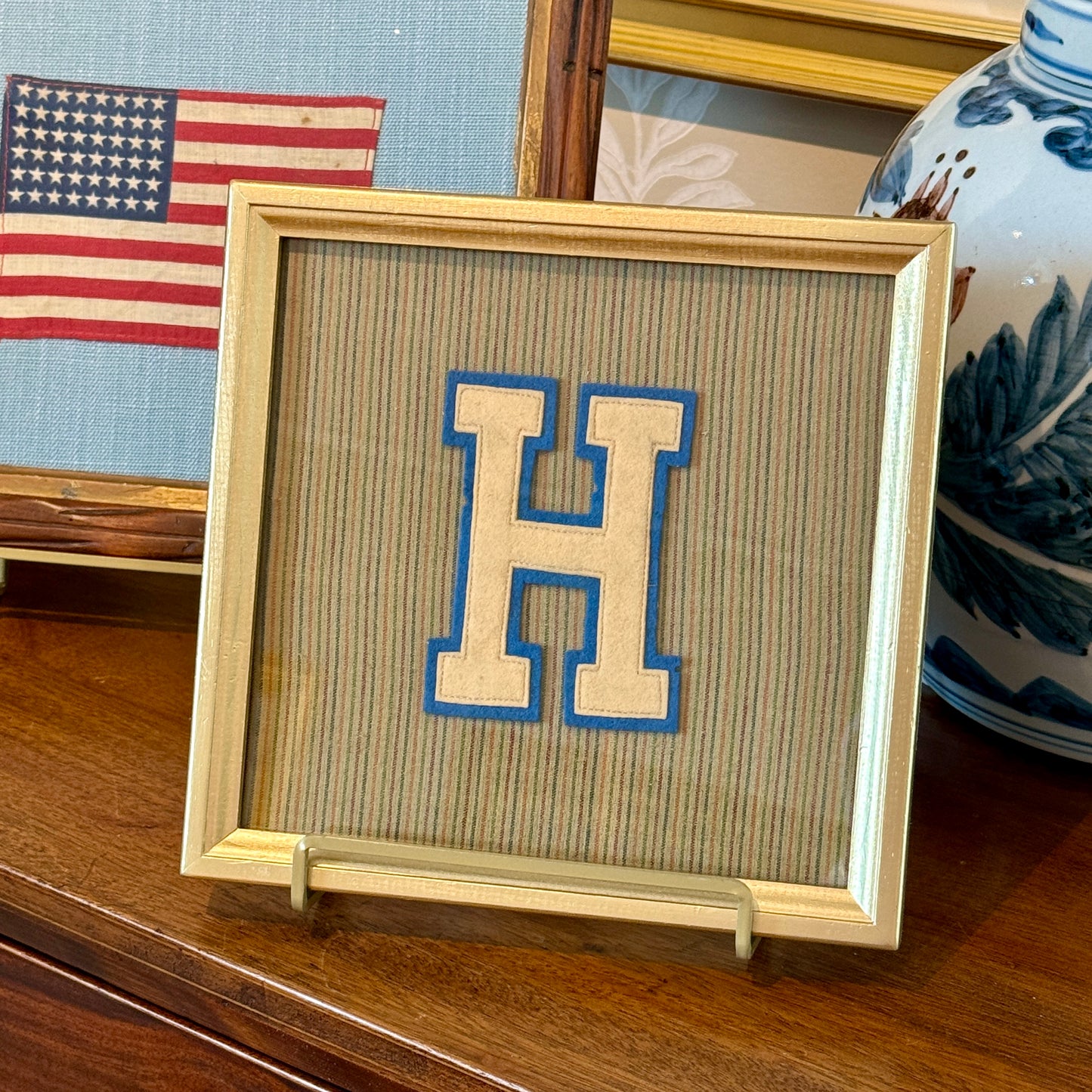 Vintage Varsity Letter Initial H on Brown Stripes in Gold Frame