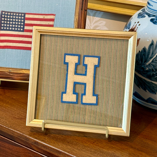 Vintage Varsity Letter Initial H on Brown Stripes in Gold Frame