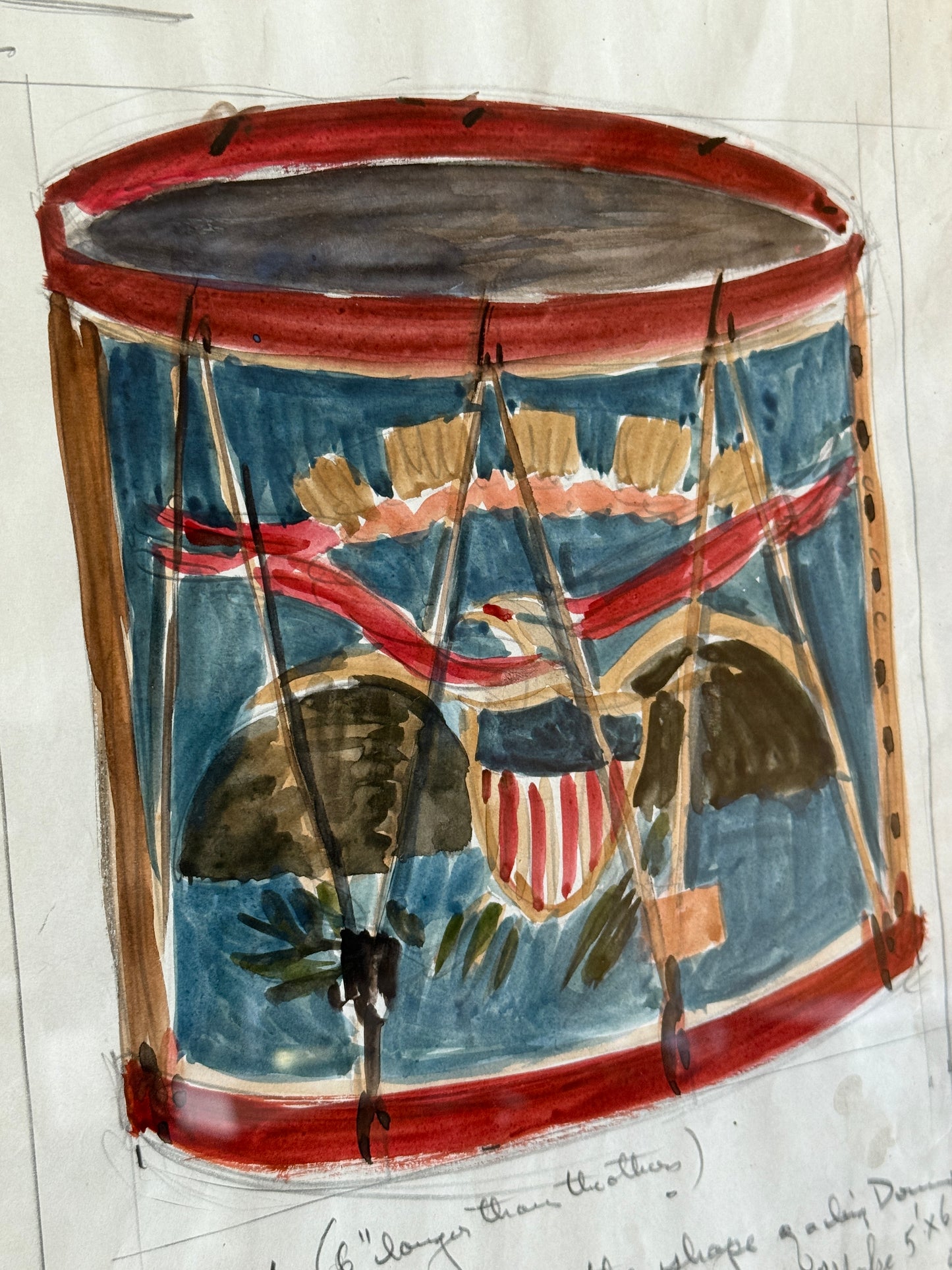 George Wells American Eagle United States Civil War Drum Watercolor Rug Study in Gold Frame