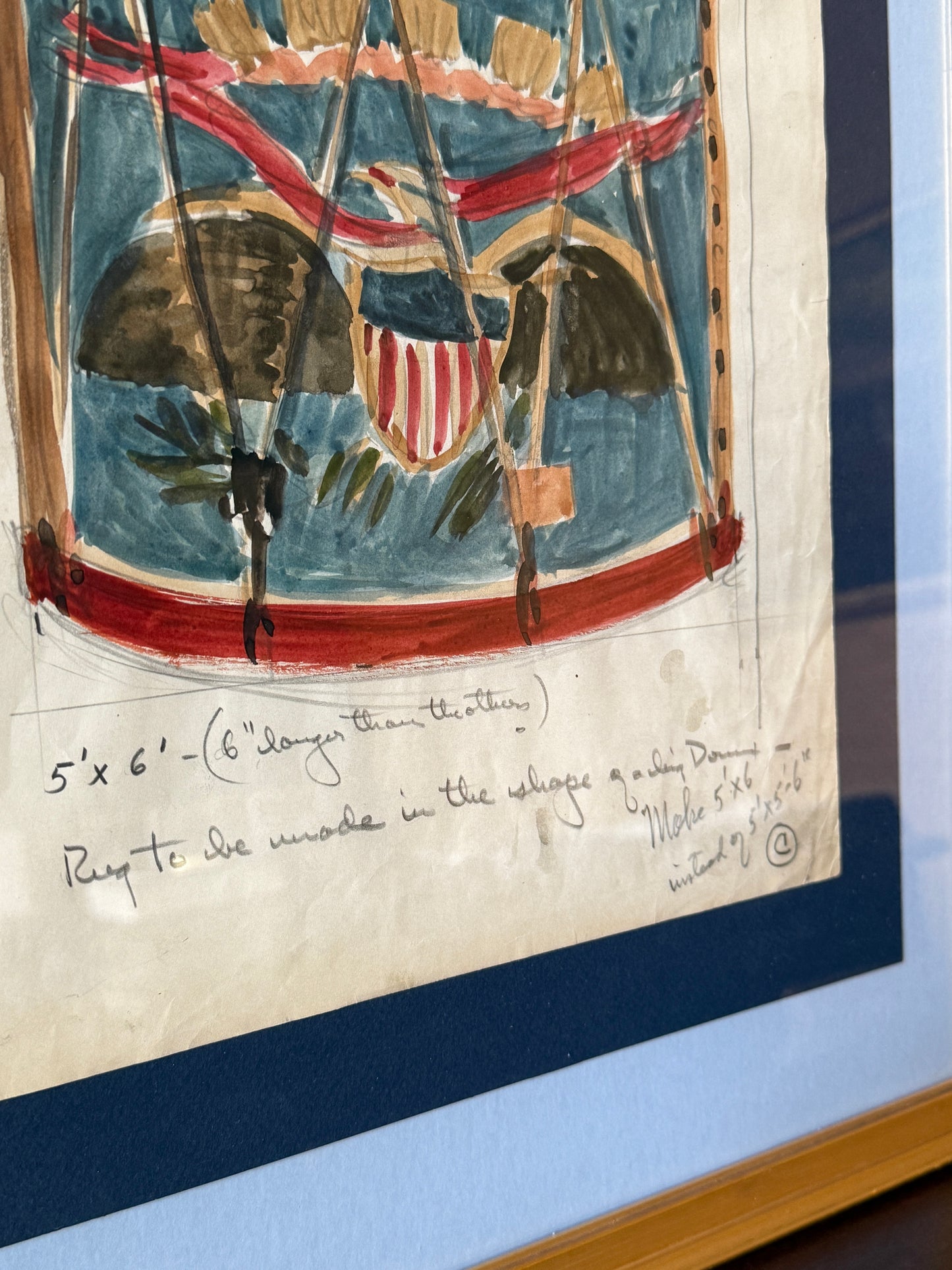 George Wells American Eagle United States Civil War Drum Watercolor Rug Study in Gold Frame