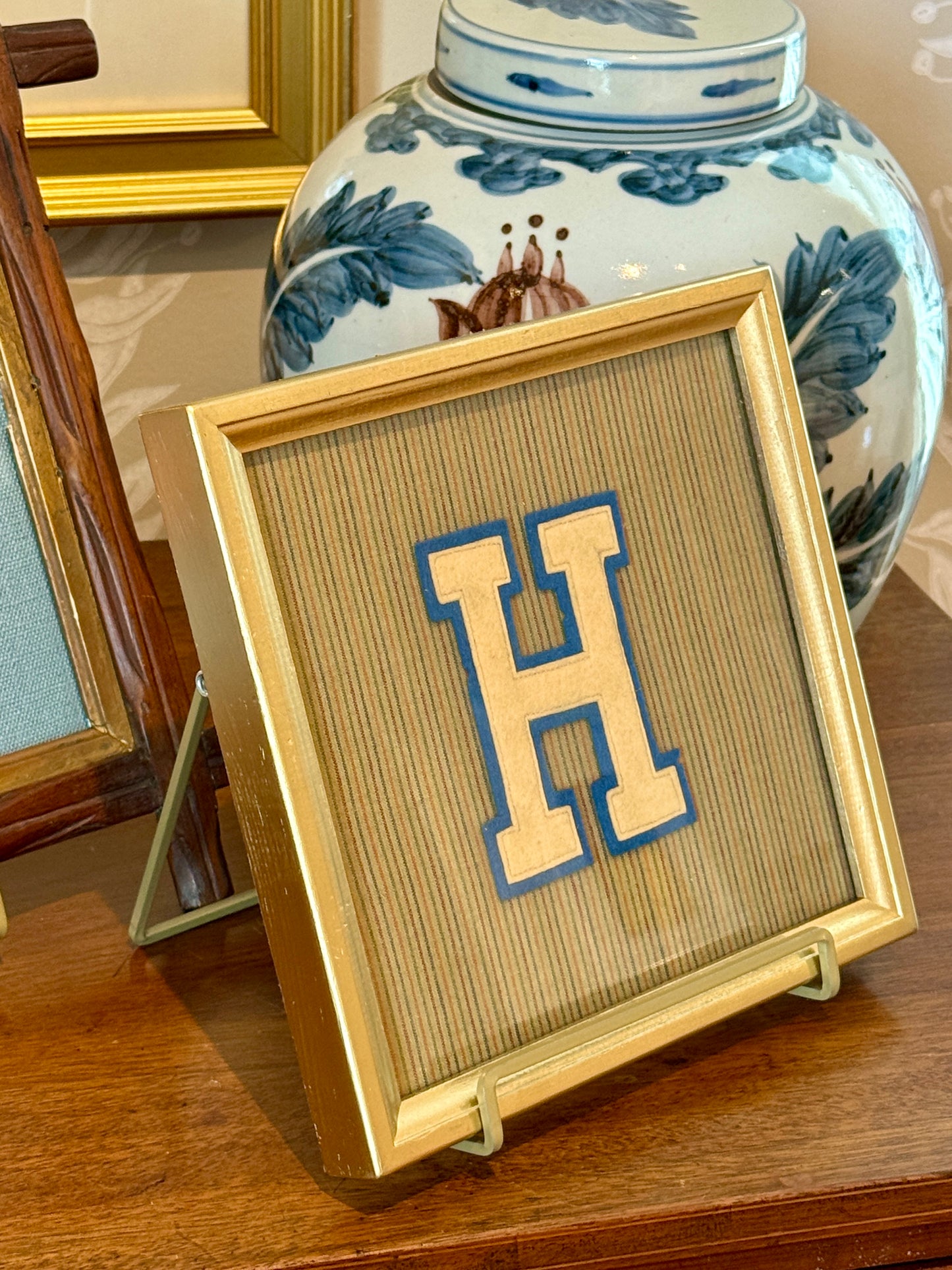 Vintage Varsity Letter Initial H on Brown Stripes in Gold Frame