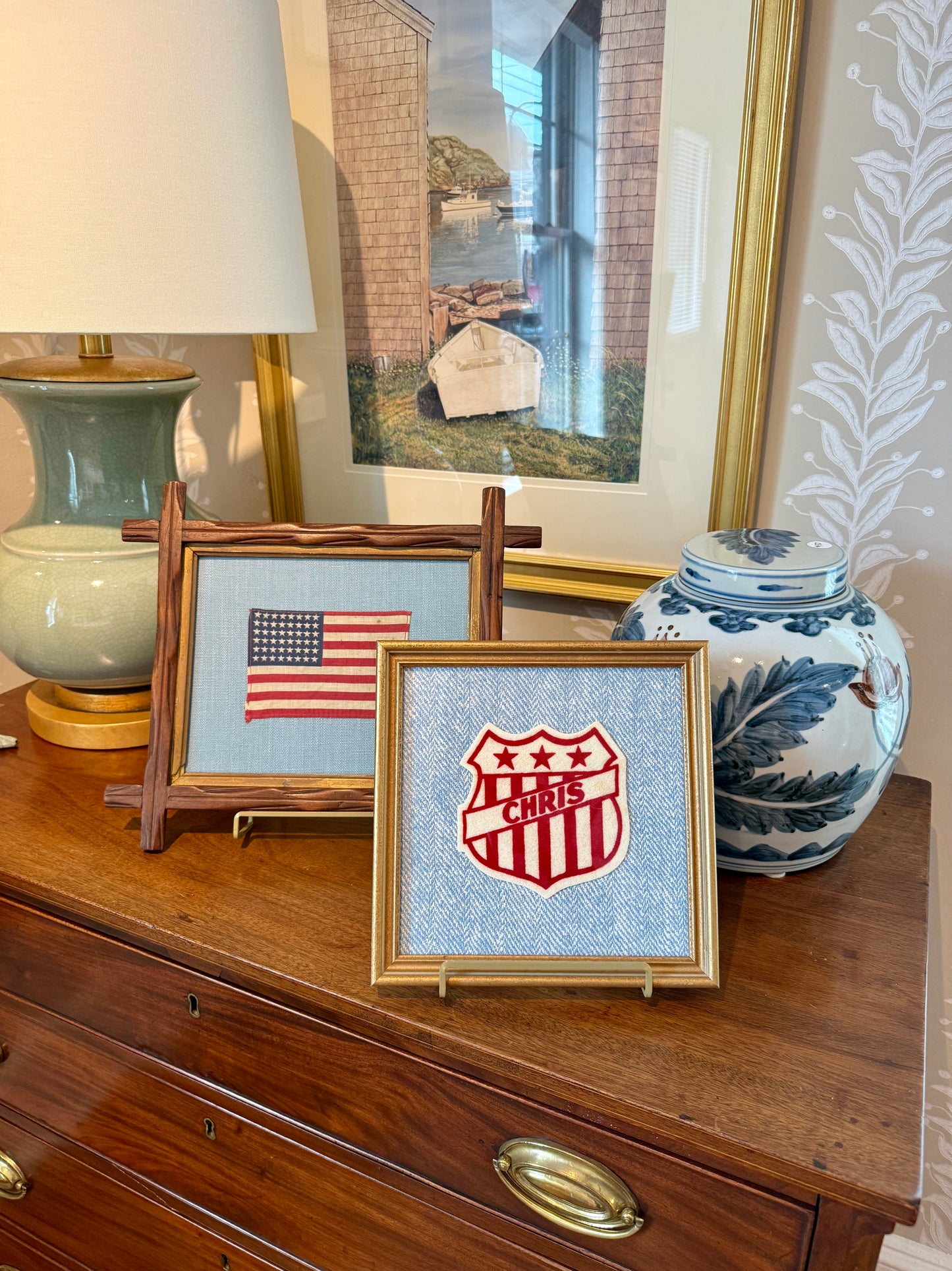 Varsity Varsity Jacket Chris Patch on Light Blue Herringbone in Gold Frame