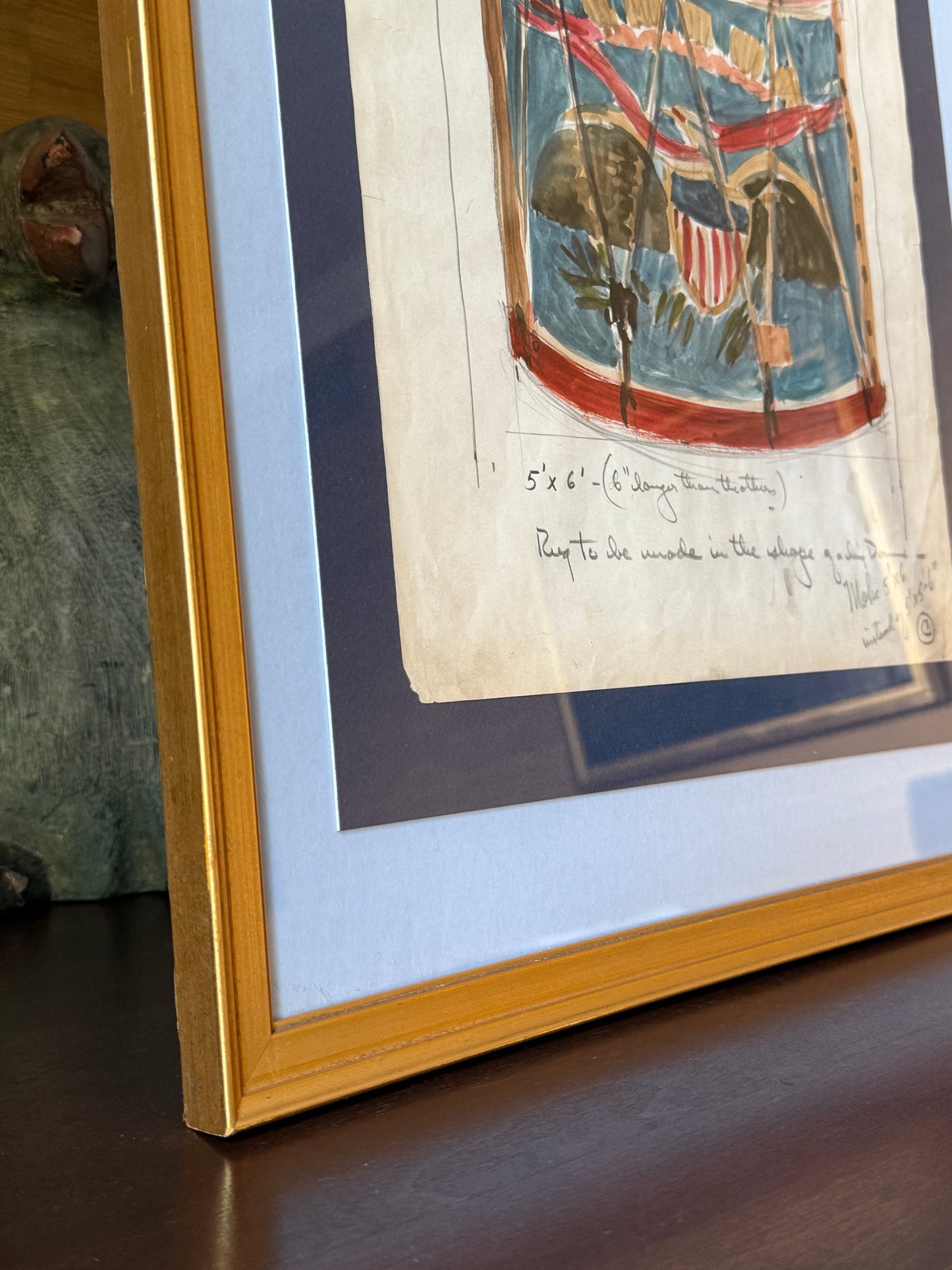 George Wells American Eagle United States Civil War Drum Watercolor Rug Study in Gold Frame