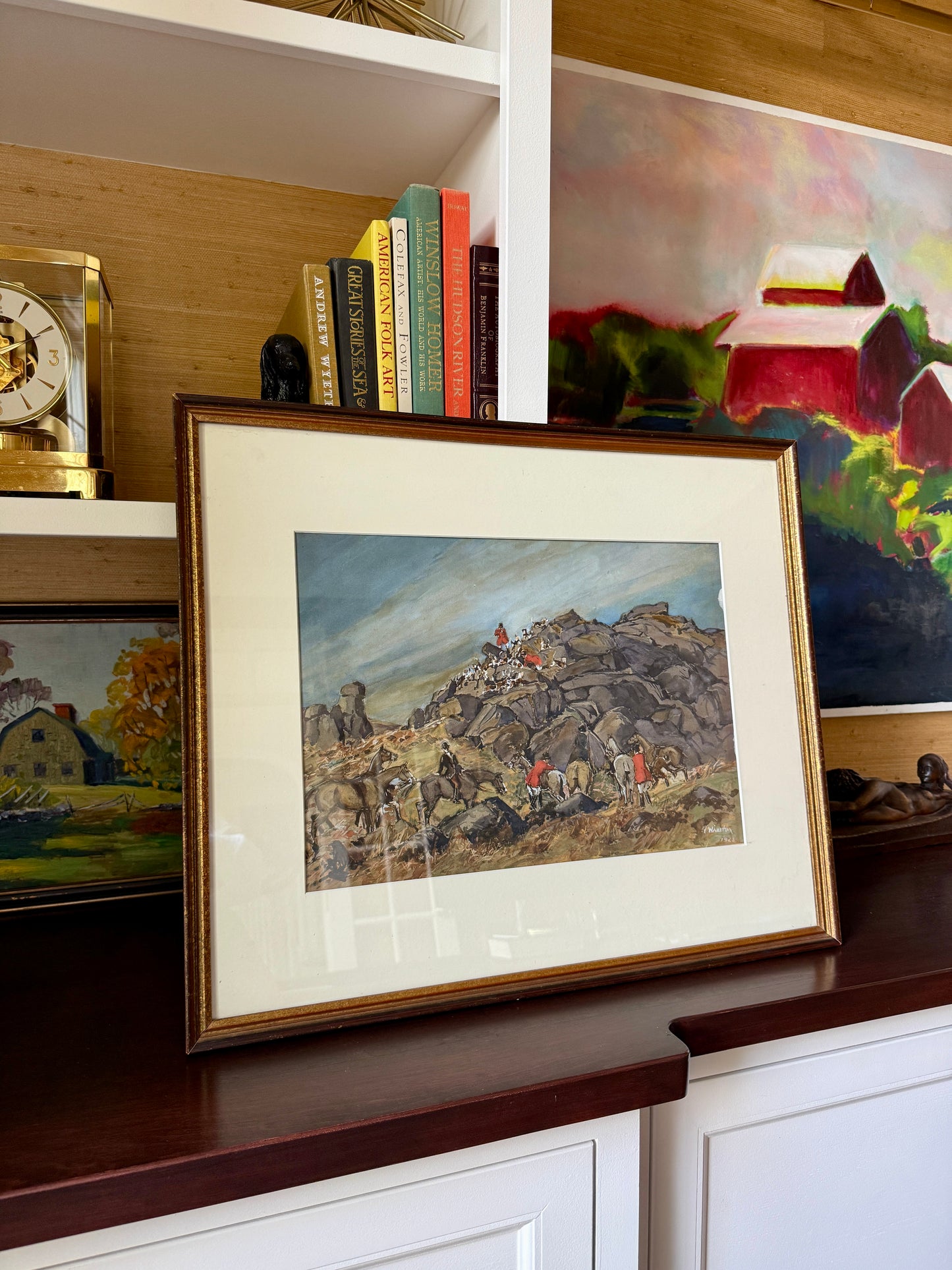 1923 The One That Got Away Fox Hunting Scene Gouache Watercolor Painting in Gilded Frame