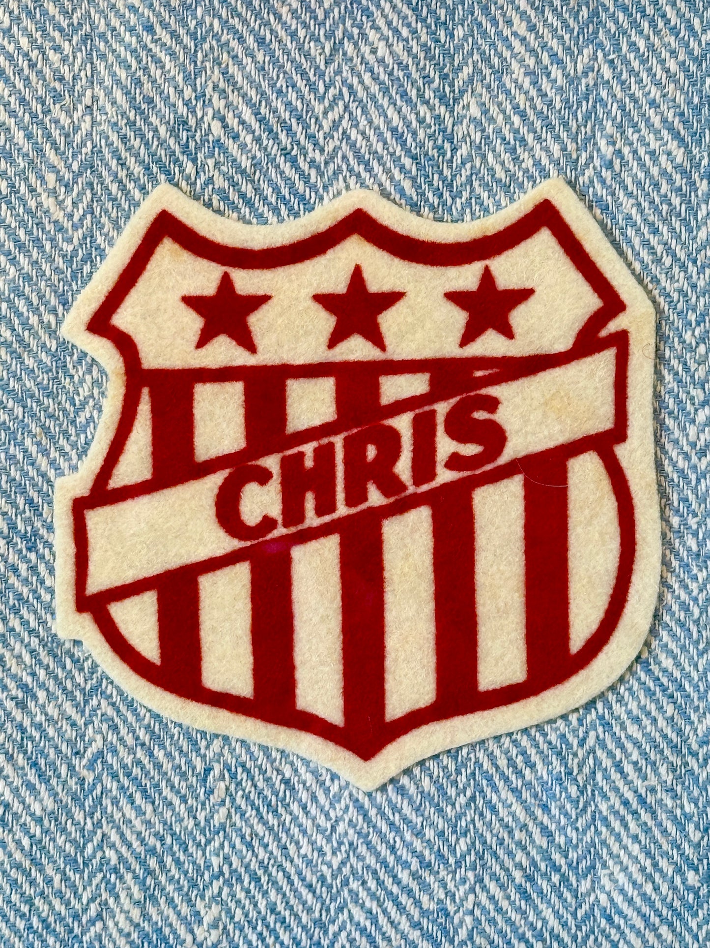 Varsity Varsity Jacket Chris Patch on Light Blue Herringbone in Gold Frame