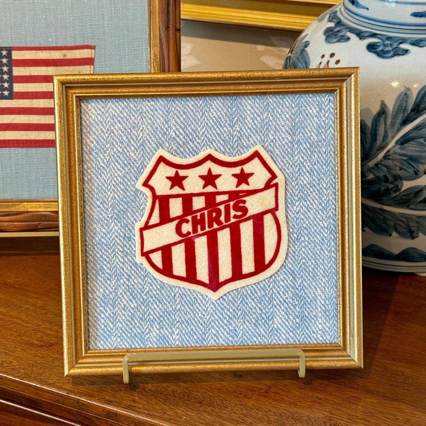 Varsity Varsity Jacket Chris Patch on Light Blue Herringbone in Gold Frame