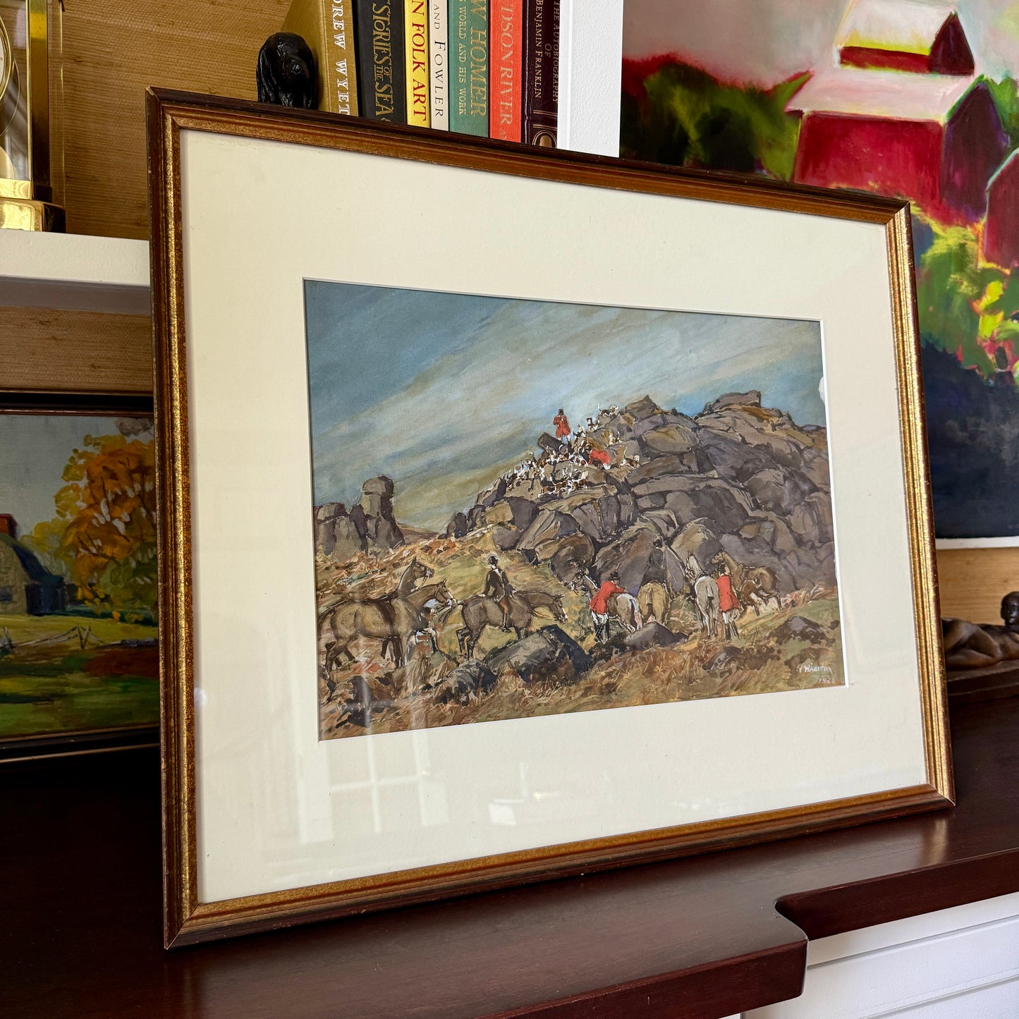 1923 The One That Got Away Fox Hunting Scene Gouache Watercolor Painting in Gilded Frame