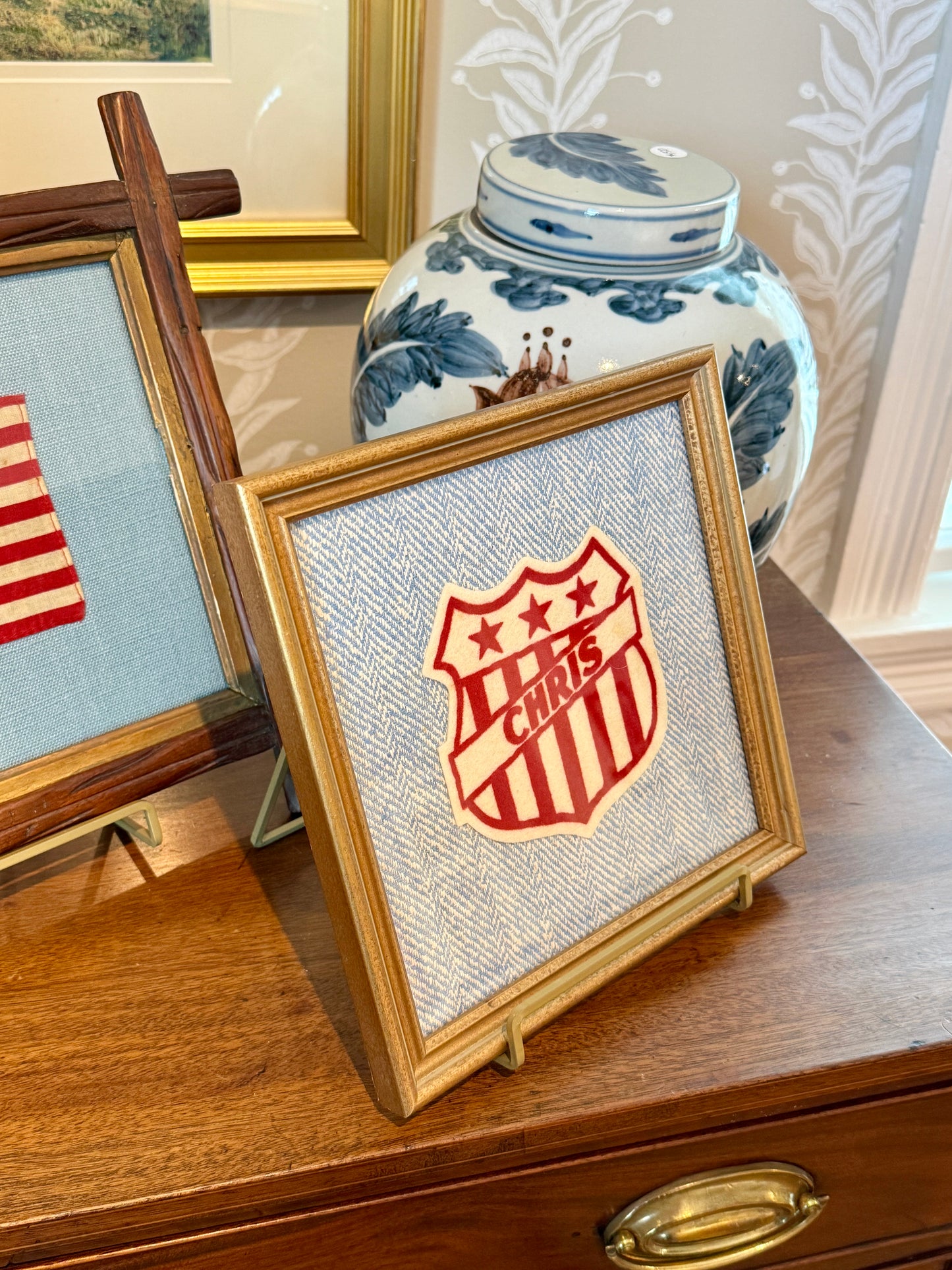 Varsity Varsity Jacket Chris Patch on Light Blue Herringbone in Gold Frame