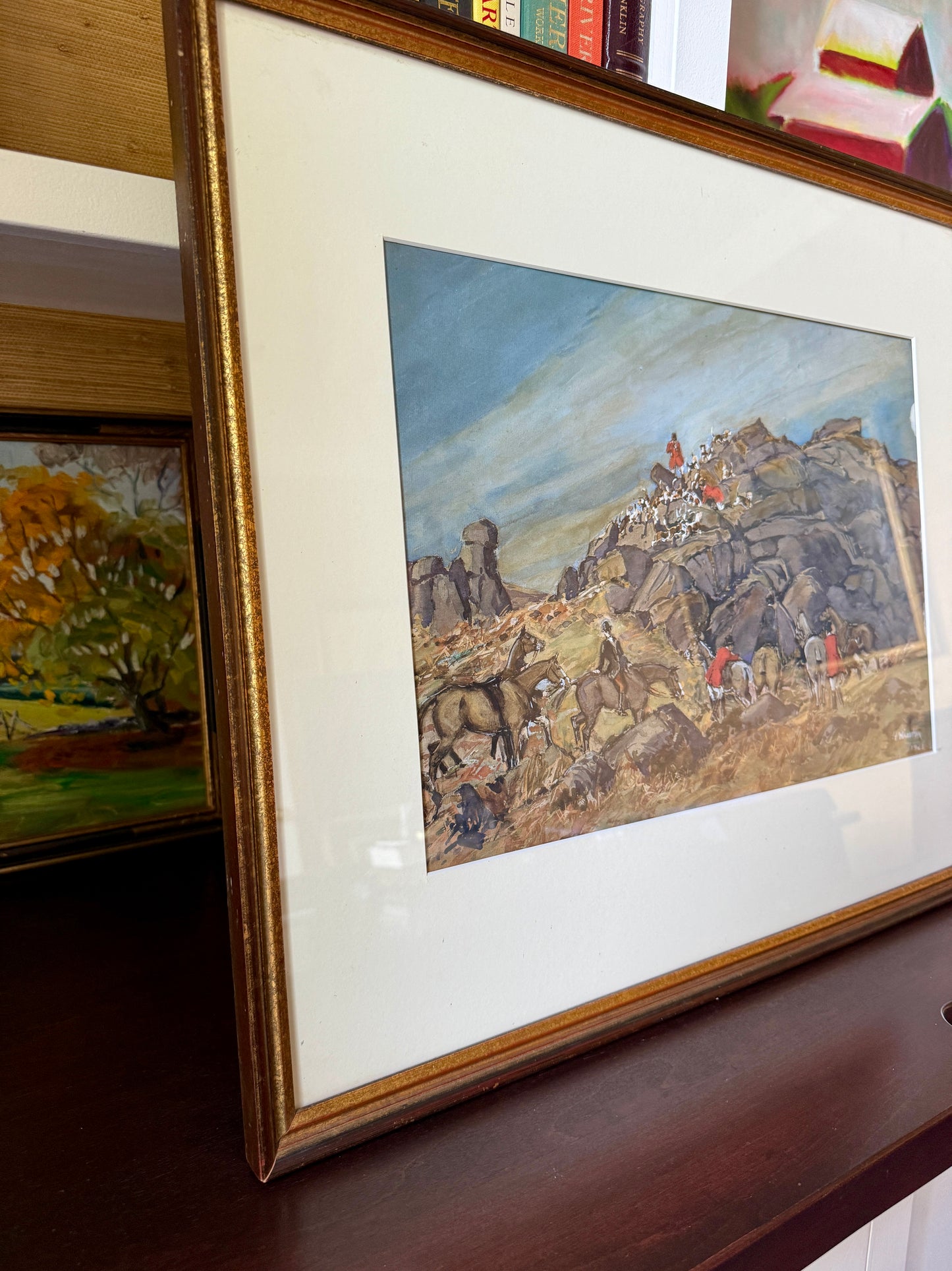 1923 The One That Got Away Fox Hunting Scene Gouache Watercolor Painting in Gilded Frame