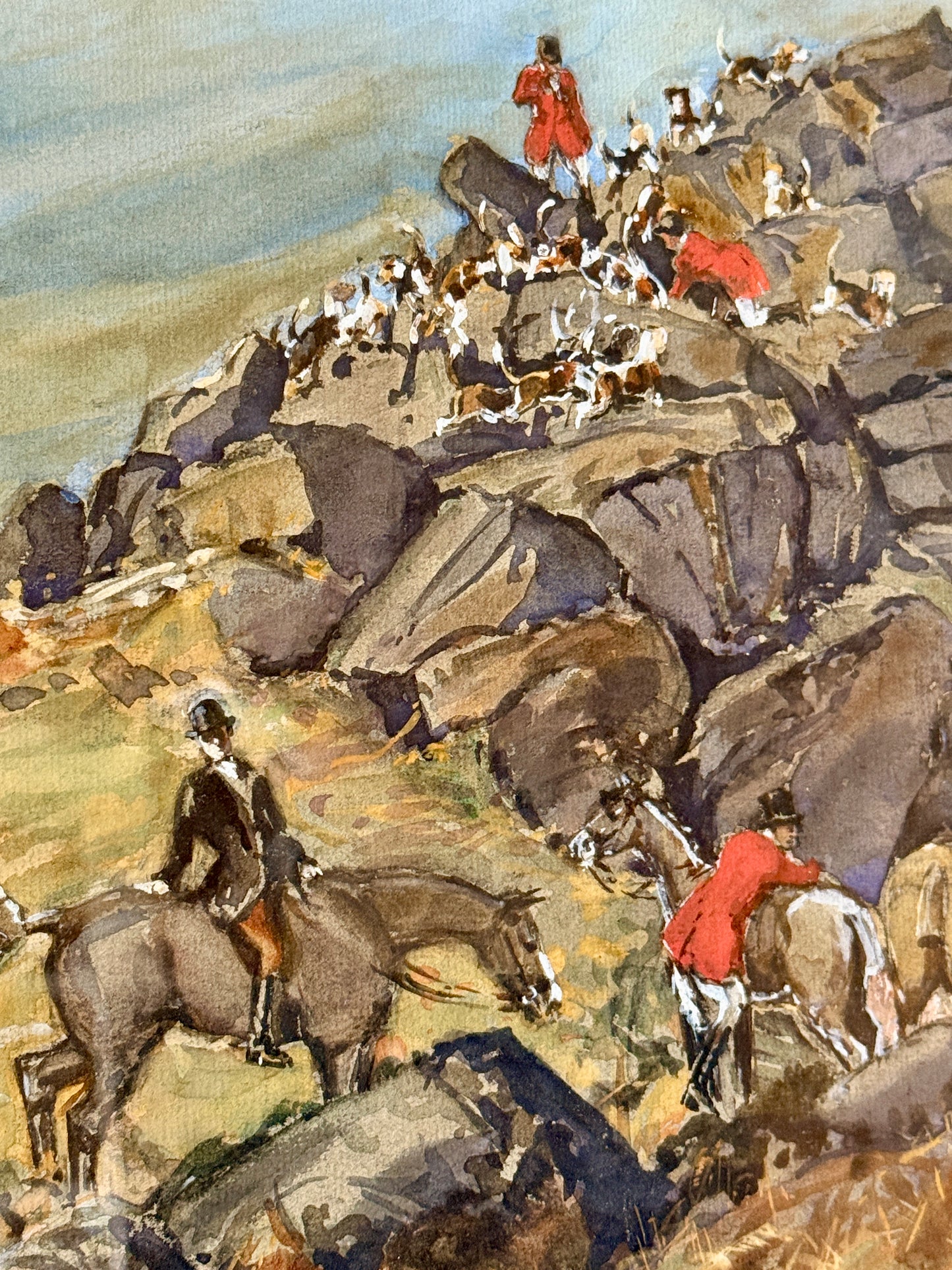 1923 The One That Got Away Fox Hunting Scene Gouache Watercolor Painting in Gilded Frame