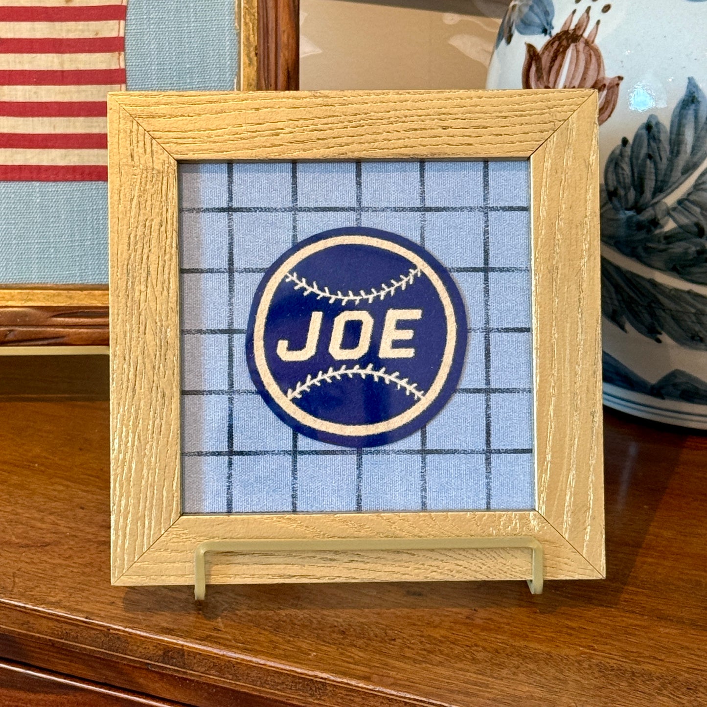 Varsity Varsity Jacket "Joe" Baseball Patch on Blue Windowpane in Gold Frame