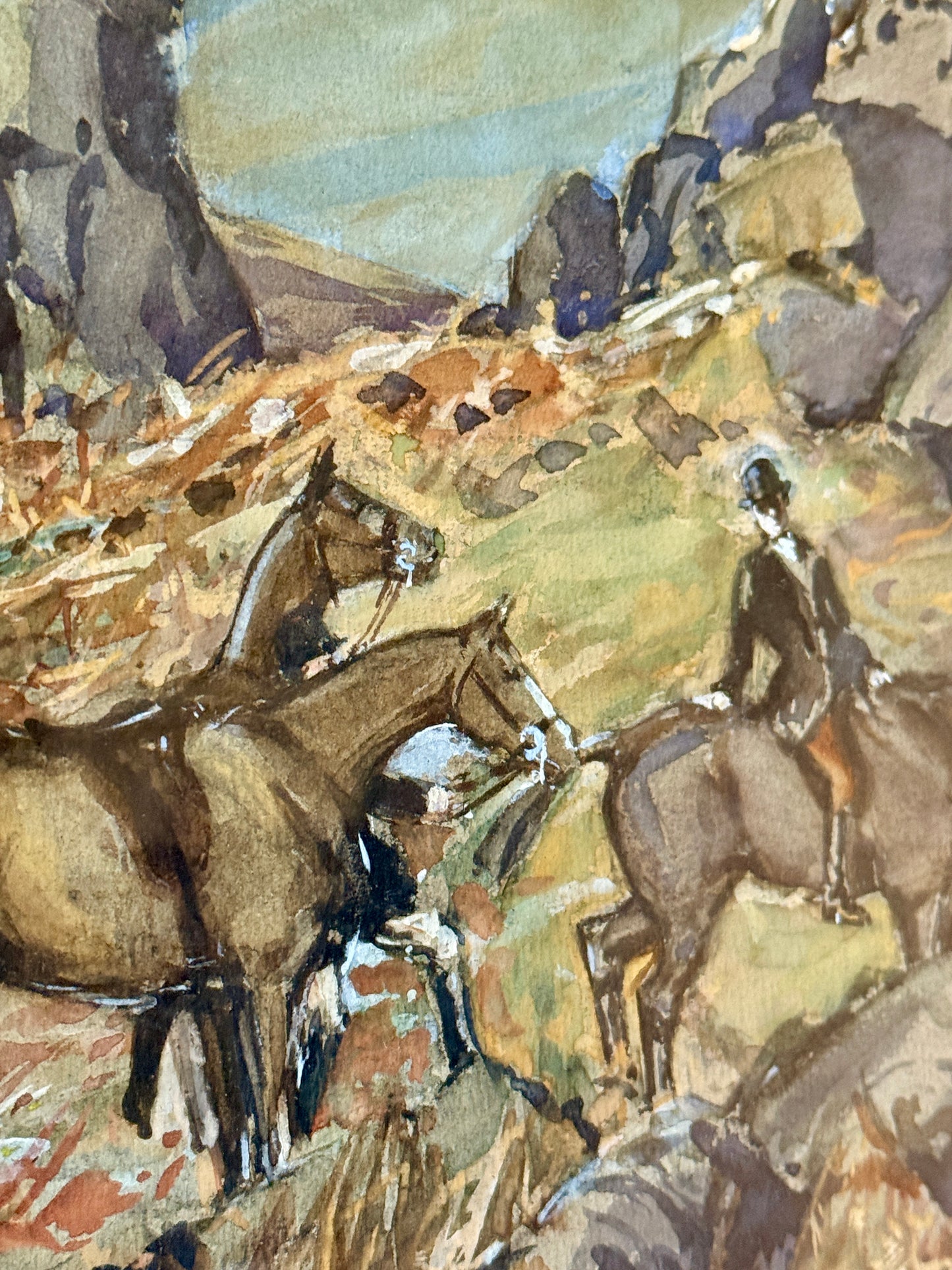 1923 The One That Got Away Fox Hunting Scene Gouache Watercolor Painting in Gilded Frame