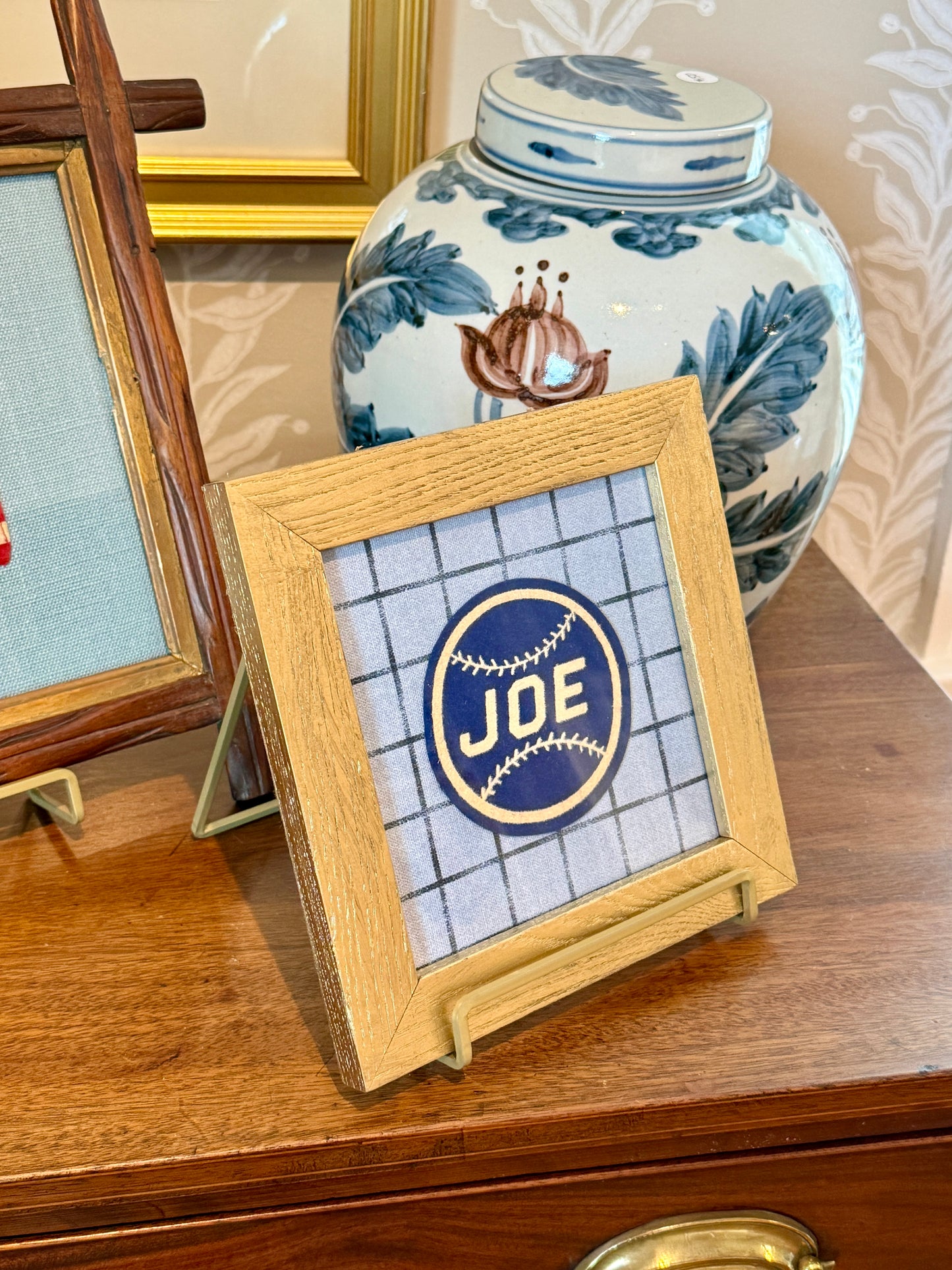 Varsity Varsity Jacket "Joe" Baseball Patch on Blue Windowpane in Gold Frame
