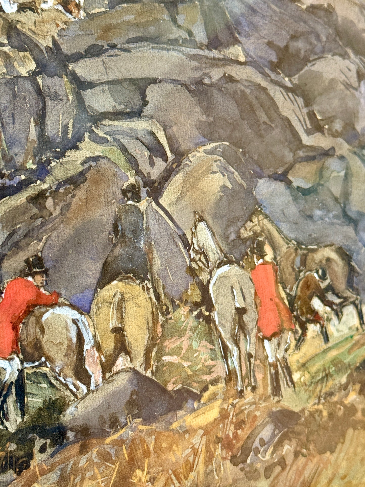 1923 The One That Got Away Fox Hunting Scene Gouache Watercolor Painting in Gilded Frame