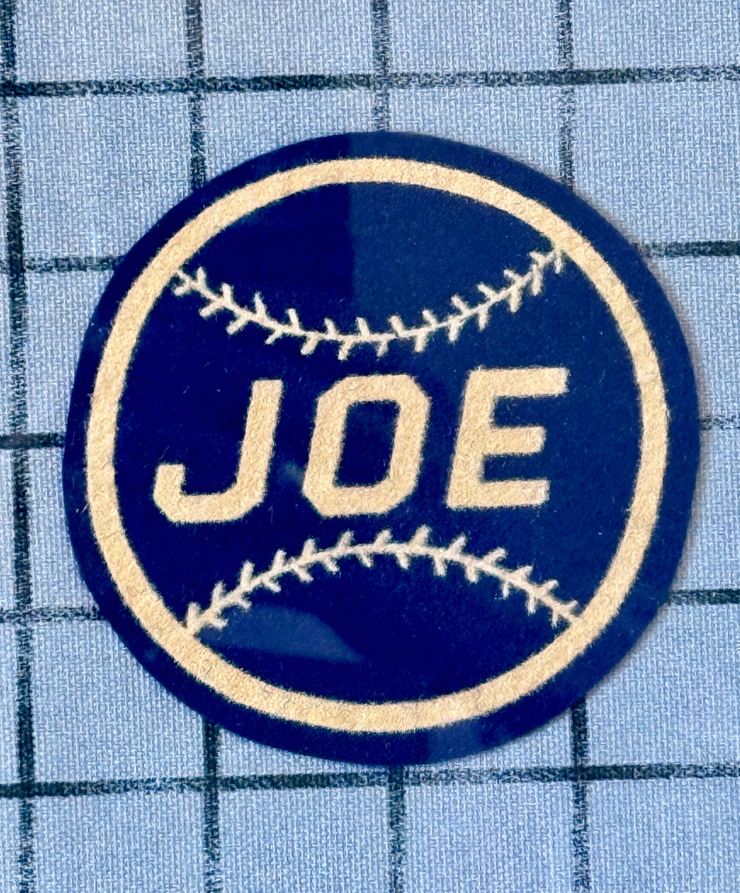 Varsity Varsity Jacket "Joe" Baseball Patch on Blue Windowpane in Gold Frame