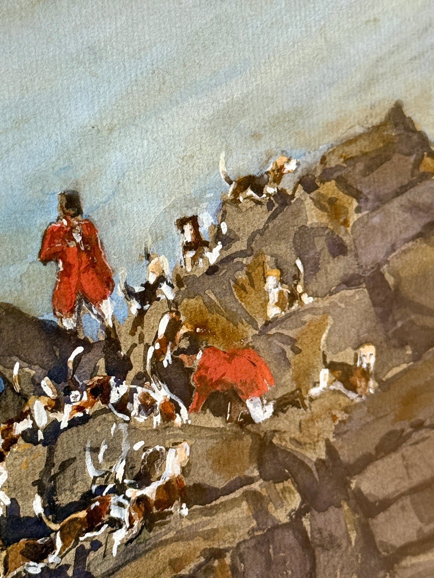 1923 The One That Got Away Fox Hunting Scene Gouache Watercolor Painting in Gilded Frame