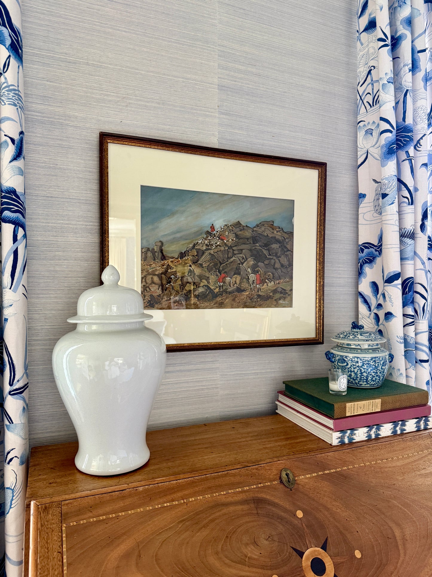 1923 The One That Got Away Fox Hunting Scene Gouache Watercolor Painting in Gilded Frame