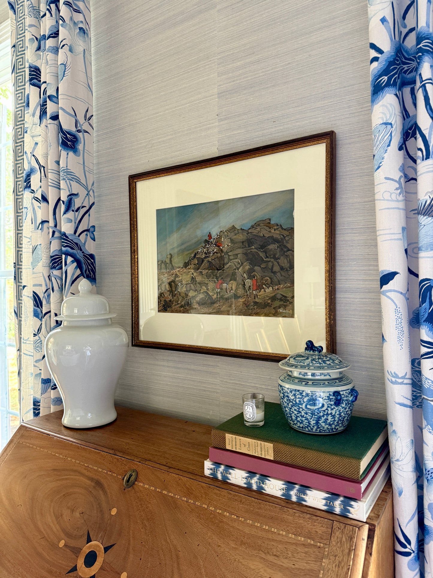 1923 The One That Got Away Fox Hunting Scene Gouache Watercolor Painting in Gilded Frame