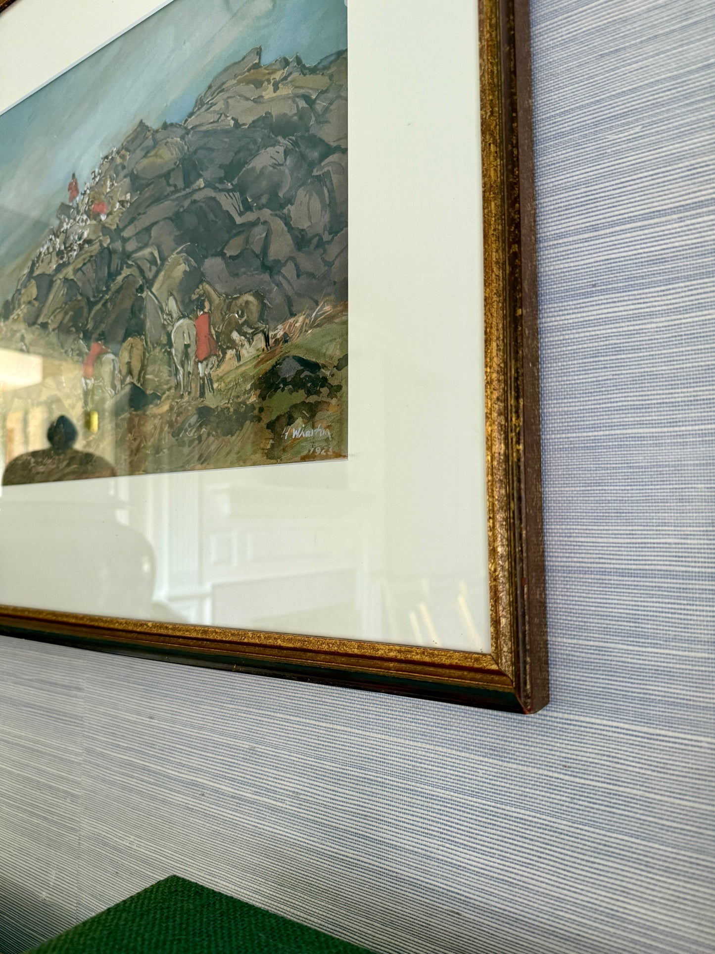 1923 The One That Got Away Fox Hunting Scene Gouache Watercolor Painting in Gilded Frame