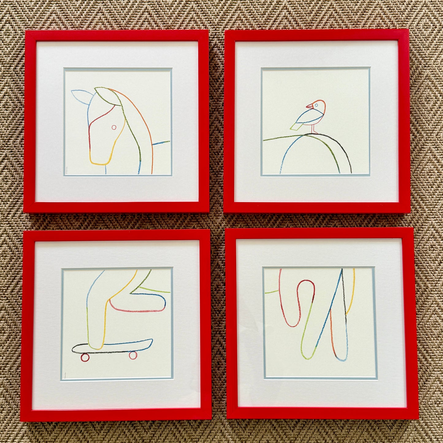 Geoff McFetridge for Hermes Holiday Horse Quadptych in Red Lacquered Frames