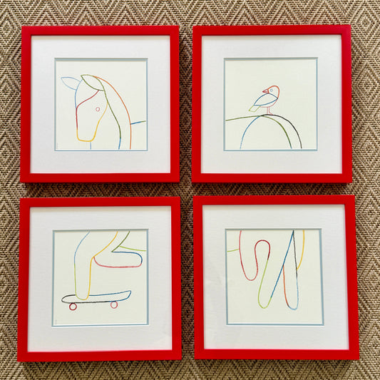 Geoff McFetridge for Hermes Holiday Horse Quadptych in Red Lacquered Frames