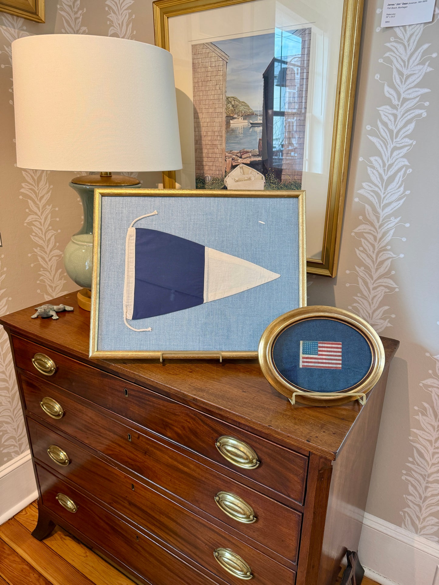 Vintage Second Substitute Burgee Nautical Flag on Light Blue Twill Fabric in Gold Frame