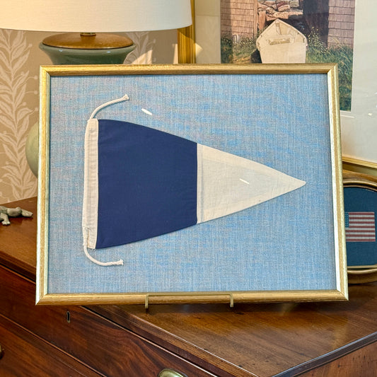 Vintage Second Substitute Burgee Nautical Flag on Light Blue Twill Fabric in Gold Frame