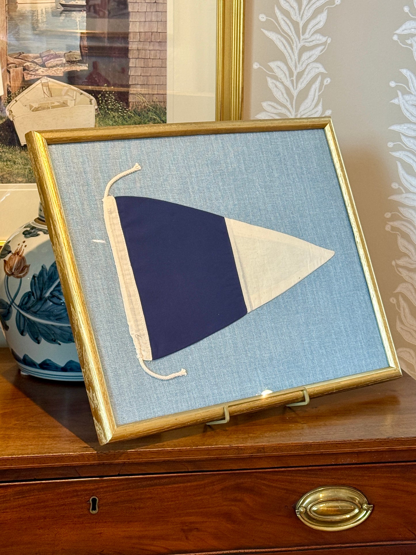 Vintage Second Substitute Burgee Nautical Flag on Light Blue Twill Fabric in Gold Frame