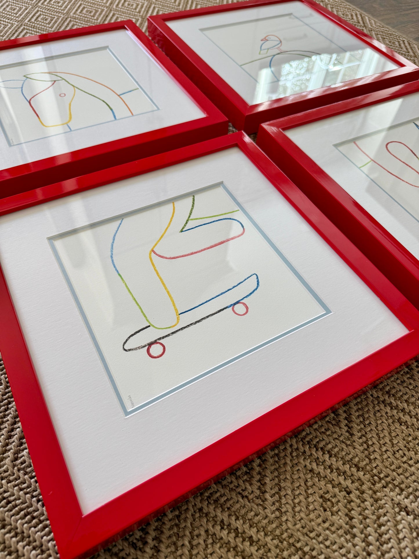 Geoff McFetridge for Hermes Holiday Horse Quadptych in Red Lacquered Frames