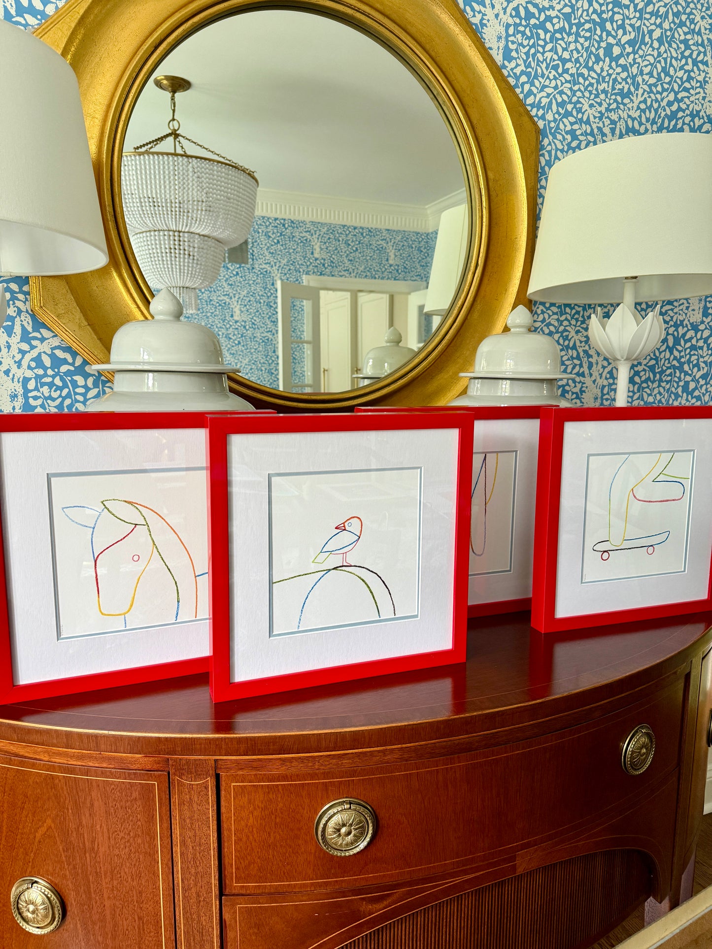 Geoff McFetridge for Hermes Holiday Horse Quadptych in Red Lacquered Frames