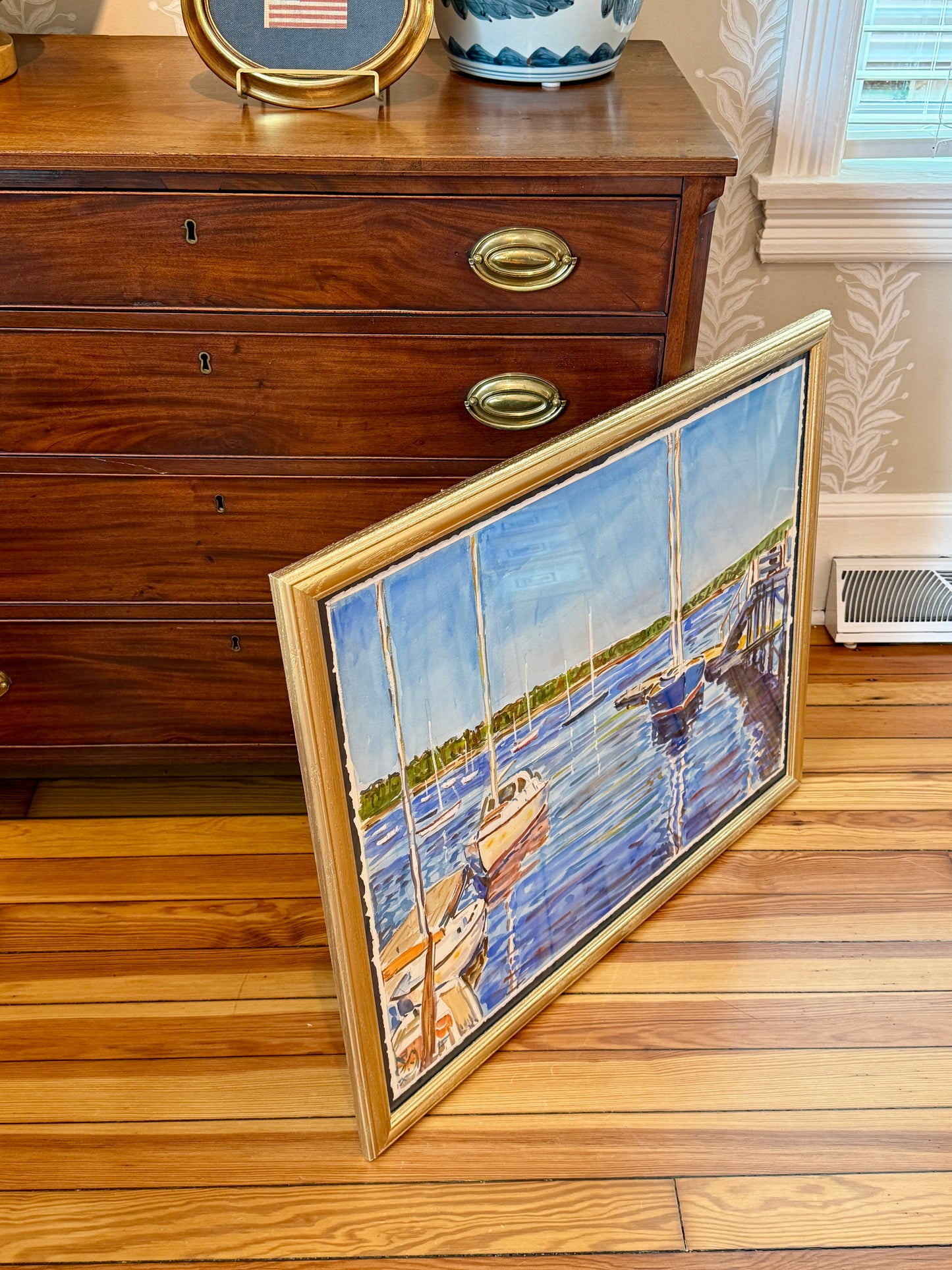 Edmund Jordan Sailboats in Harbor Scene Watercolor Painting in Gold Frame