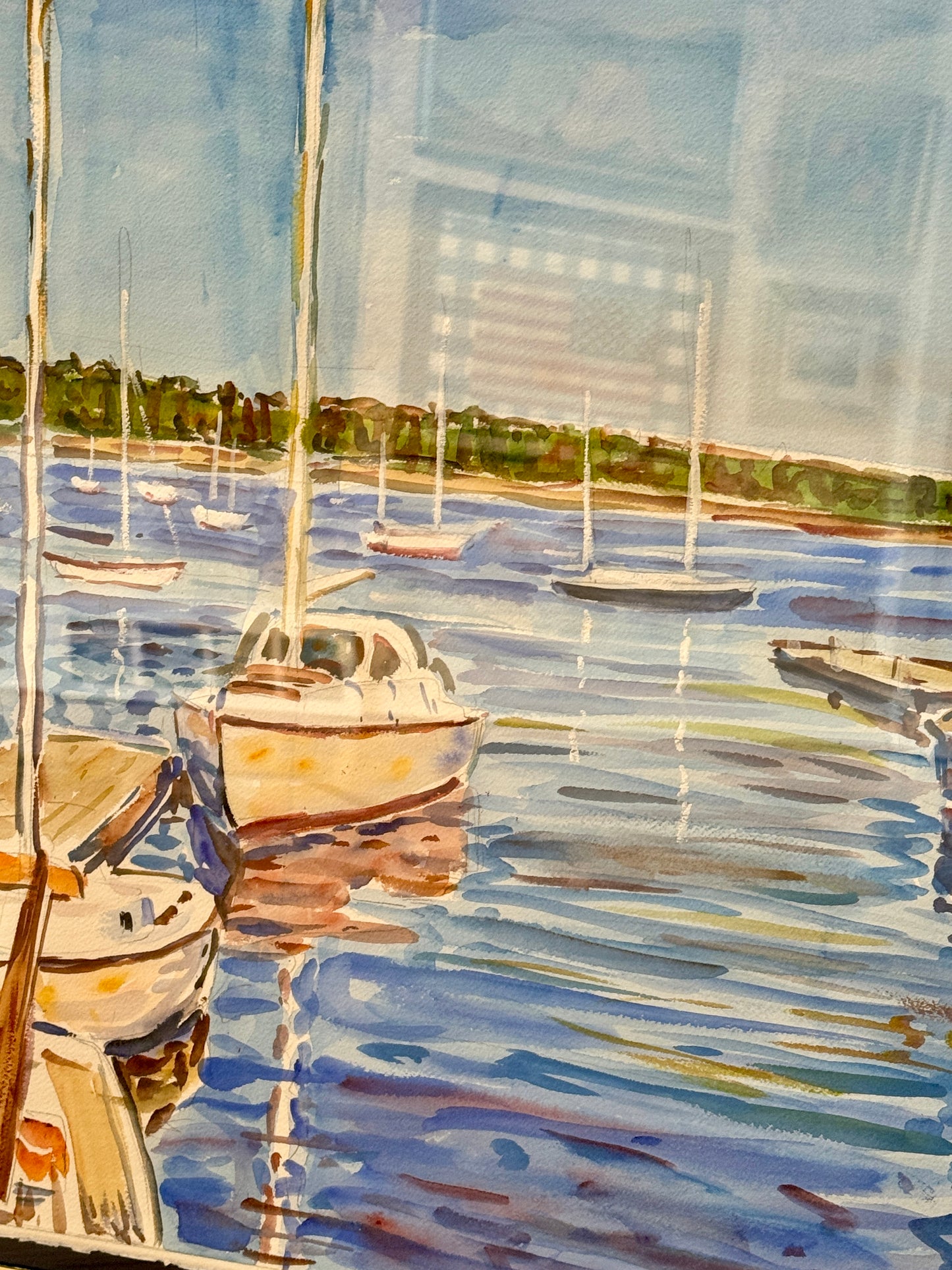 Edmund Jordan Sailboats in Harbor Scene Watercolor Painting in Gold Frame