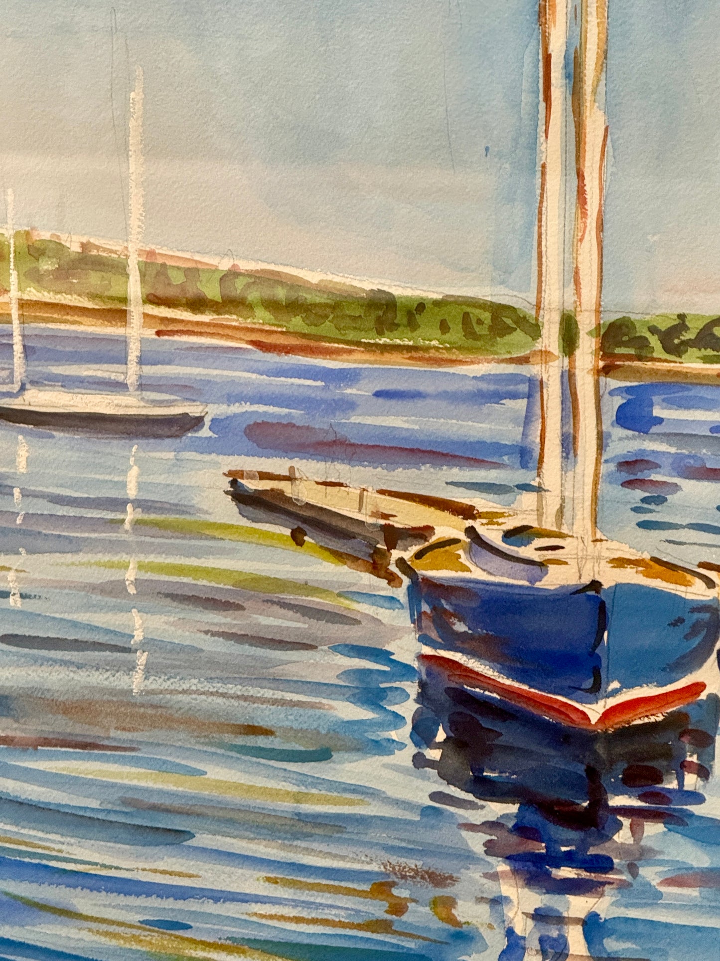 Edmund Jordan Sailboats in Harbor Scene Watercolor Painting in Gold Frame