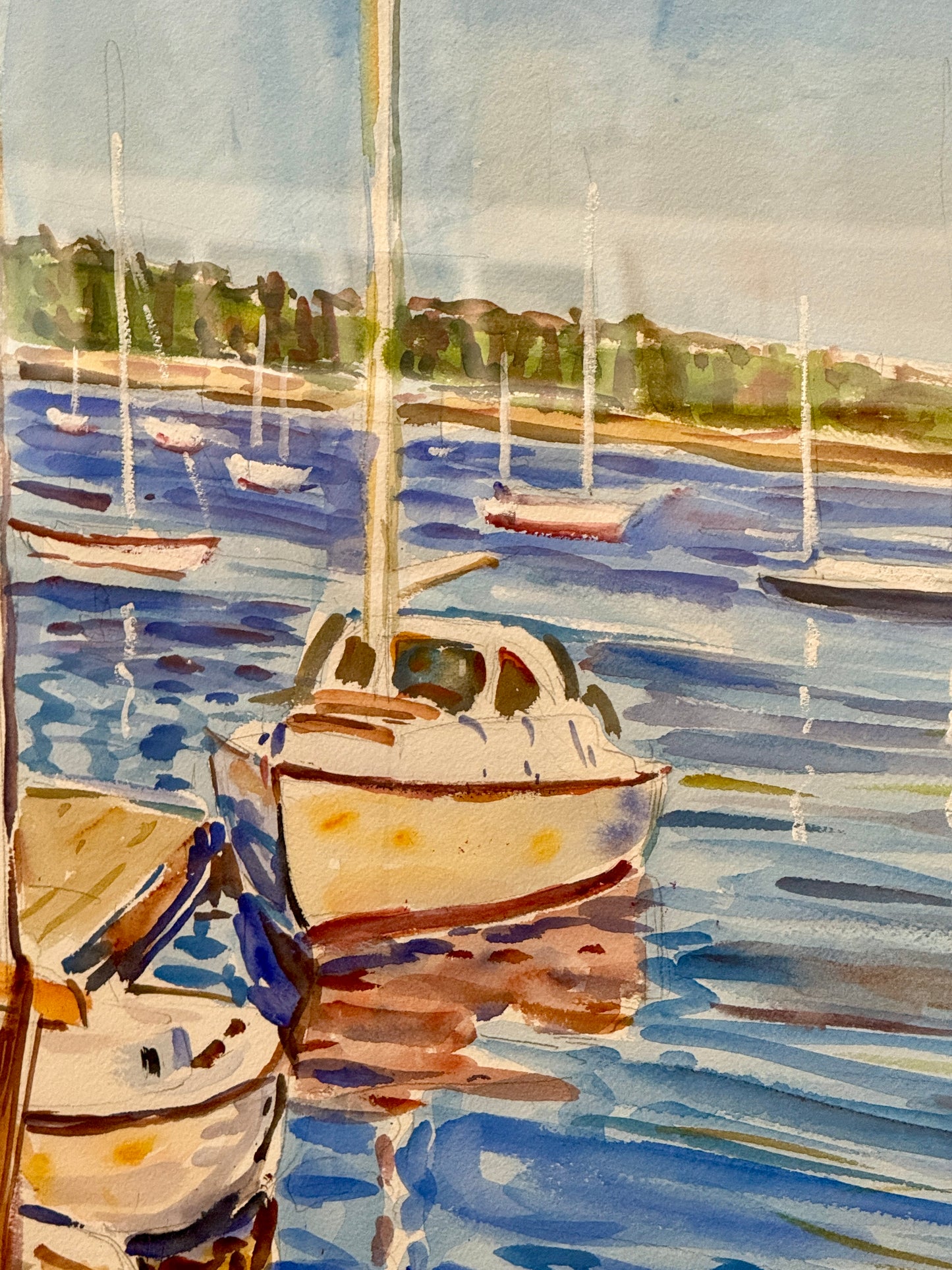 Edmund Jordan Sailboats in Harbor Scene Watercolor Painting in Gold Frame