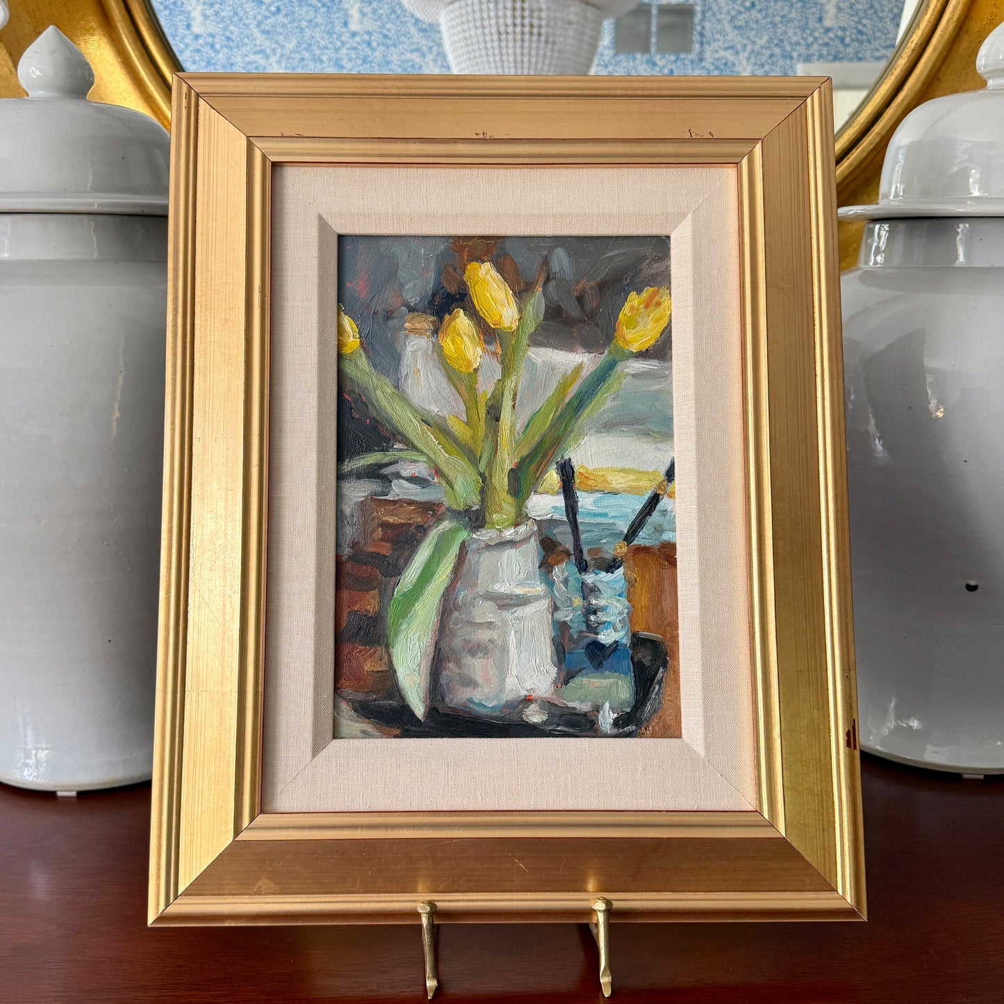 Matthew Reinert Yellow Tulips in January Still Life Oil Painting in Gold Frame
